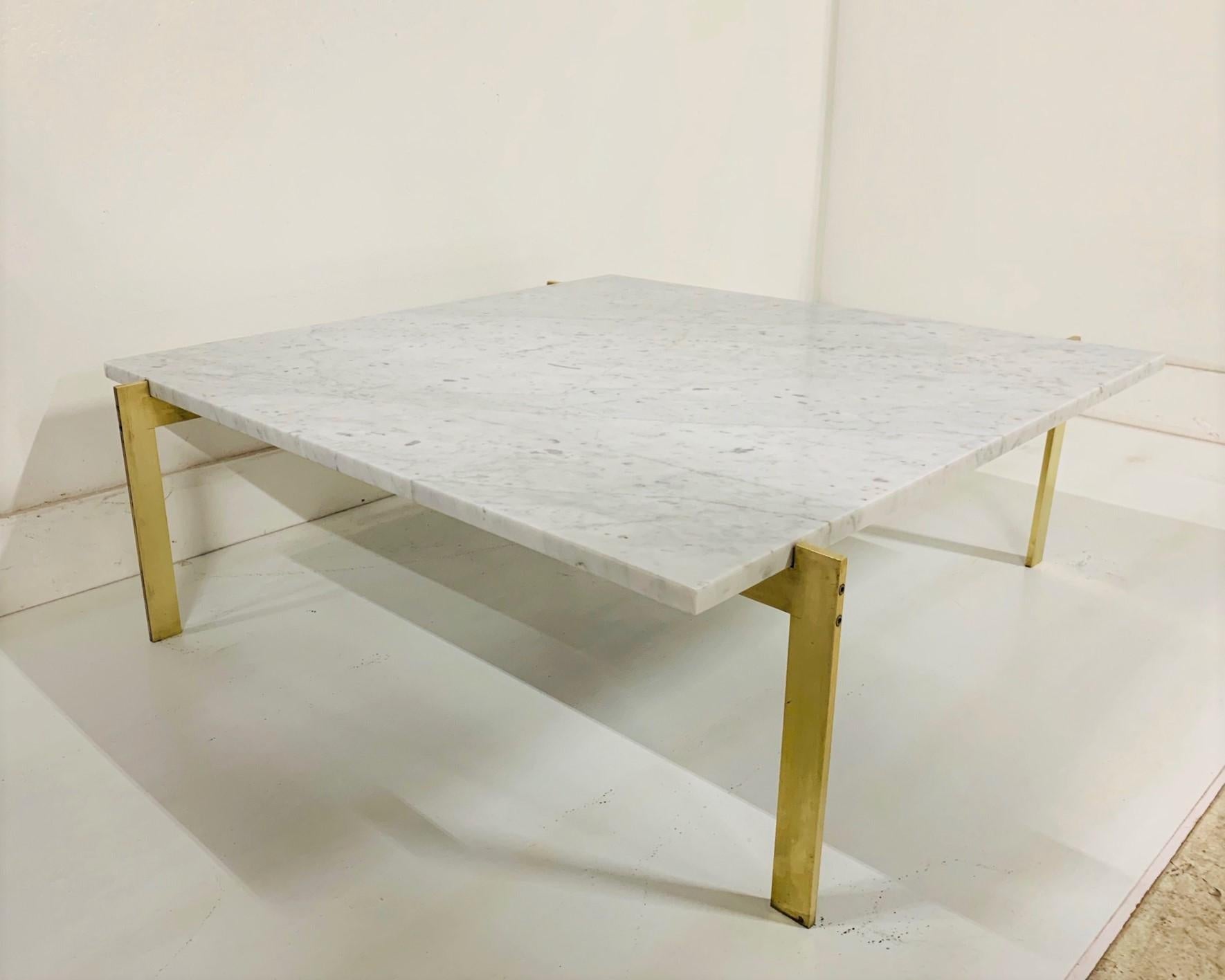 Brass and Carrara marble top coffee table style of Poul Kjaerholm. Mid Century Modern.
