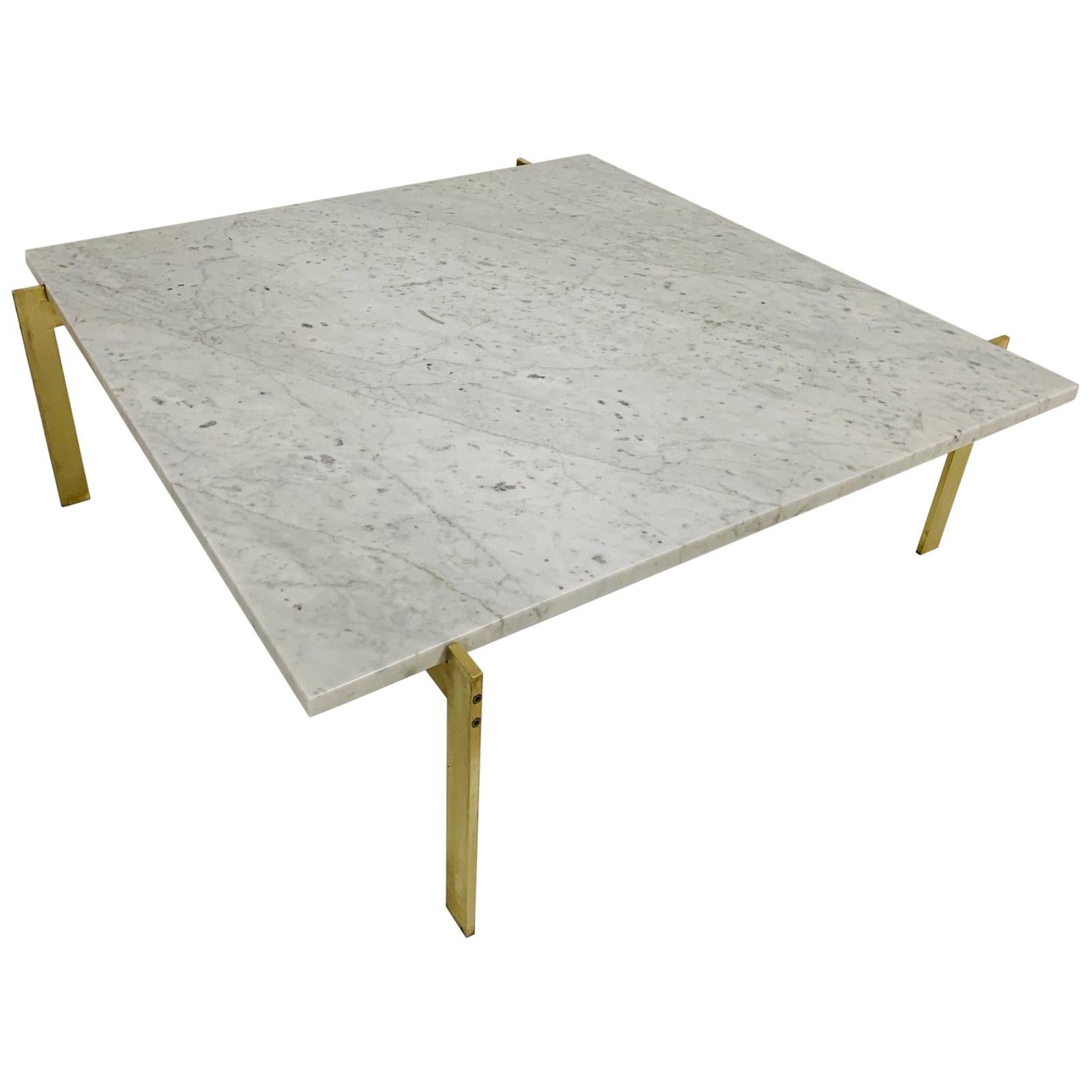 Brass and Carrara Marble-Top Coffee Table Style of Poul Kjaerholm