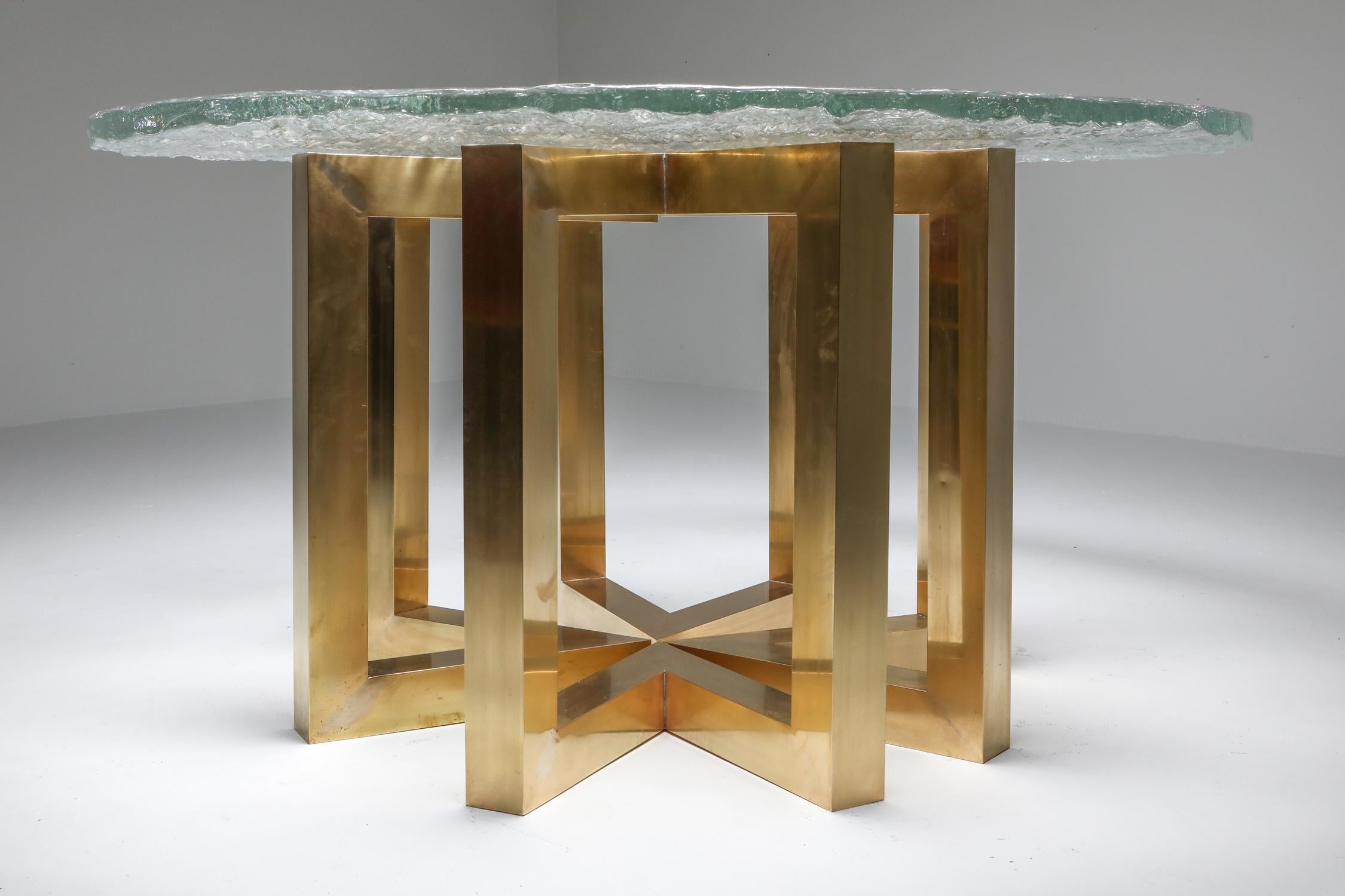 Hollywood Regency Brass and Cast Glass Round Dining Table by Ettore Gino Poli for Poliarte