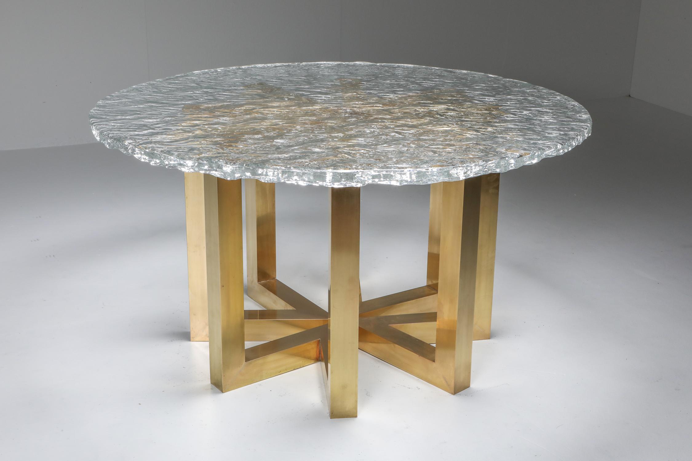 Italian Brass and Cast Glass Round Dining Table by Ettore Gino Poli for Poliarte