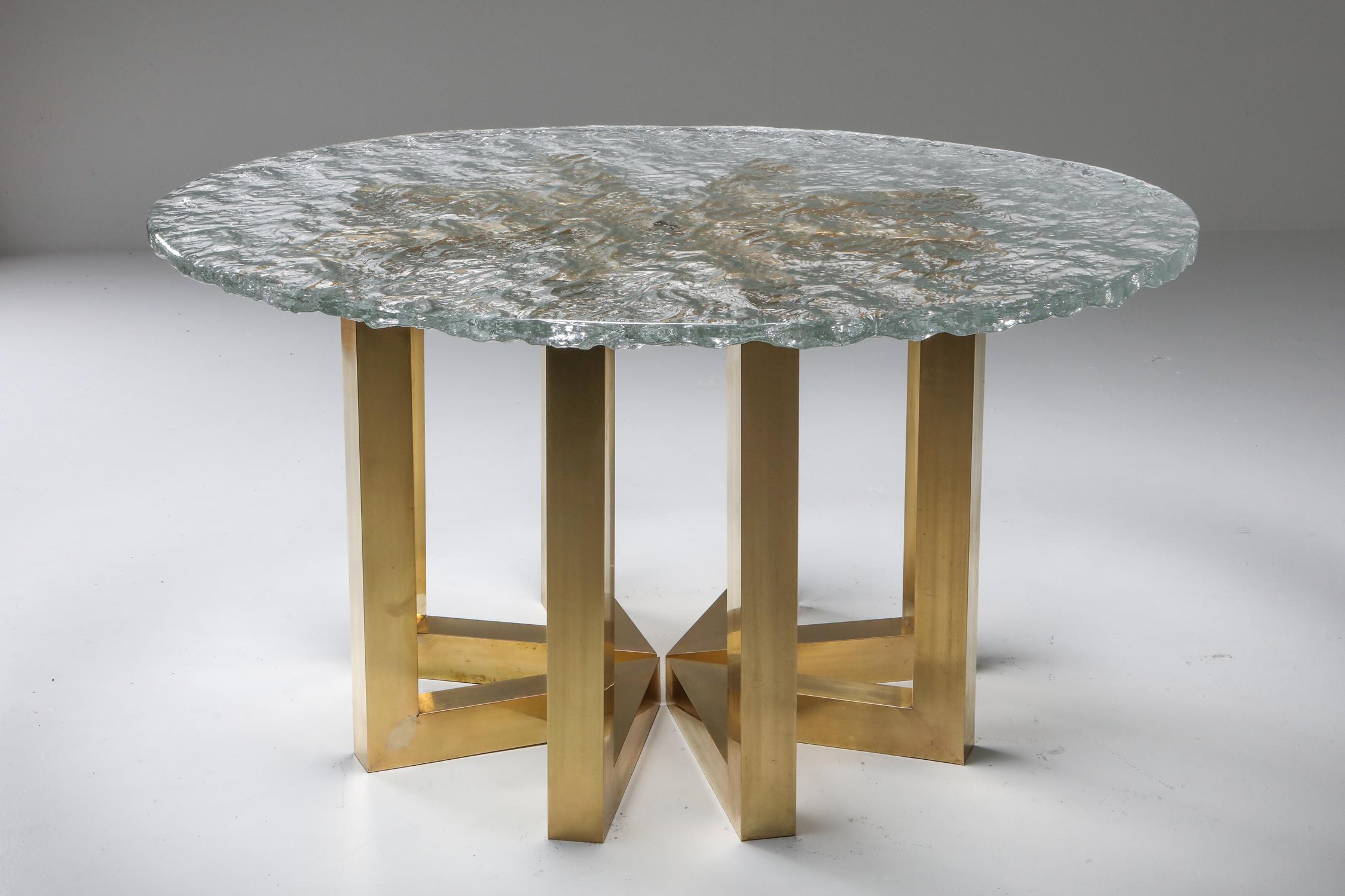 Brass and Cast Glass Round Dining Table by Ettore Gino Poli for Poliarte In Excellent Condition In Antwerp, BE