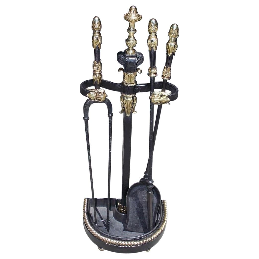 French Brass & Cast Iron Decorative Floral Fire Tools on Demilune Stand, C. 1840