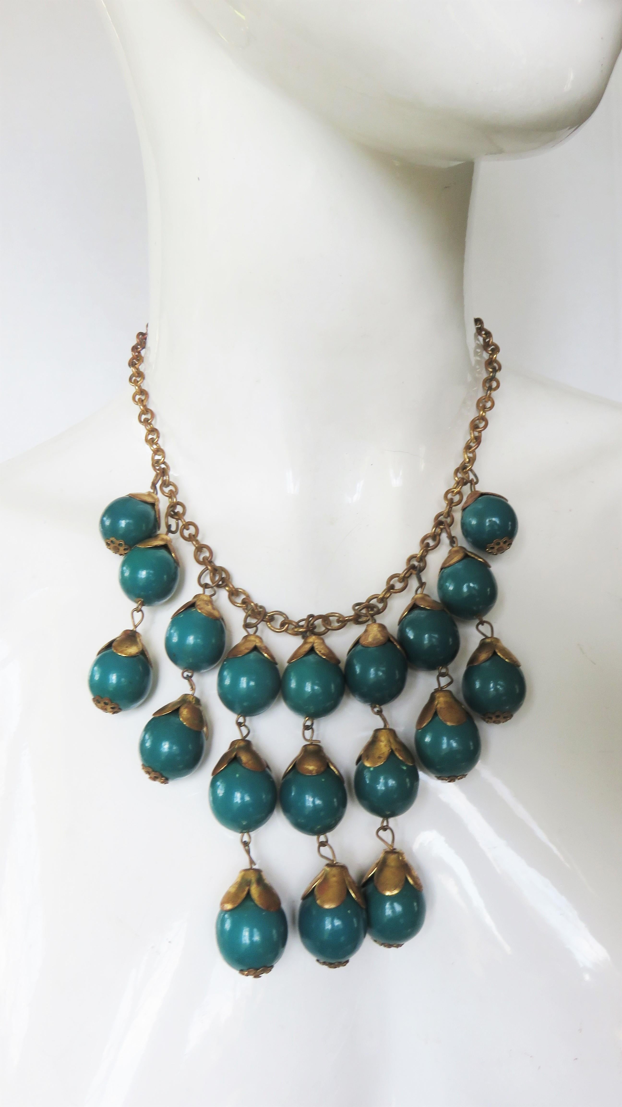 Brass and Celluloid Ball Drop 1940s Necklace In Good Condition For Sale In Water Mill, NY