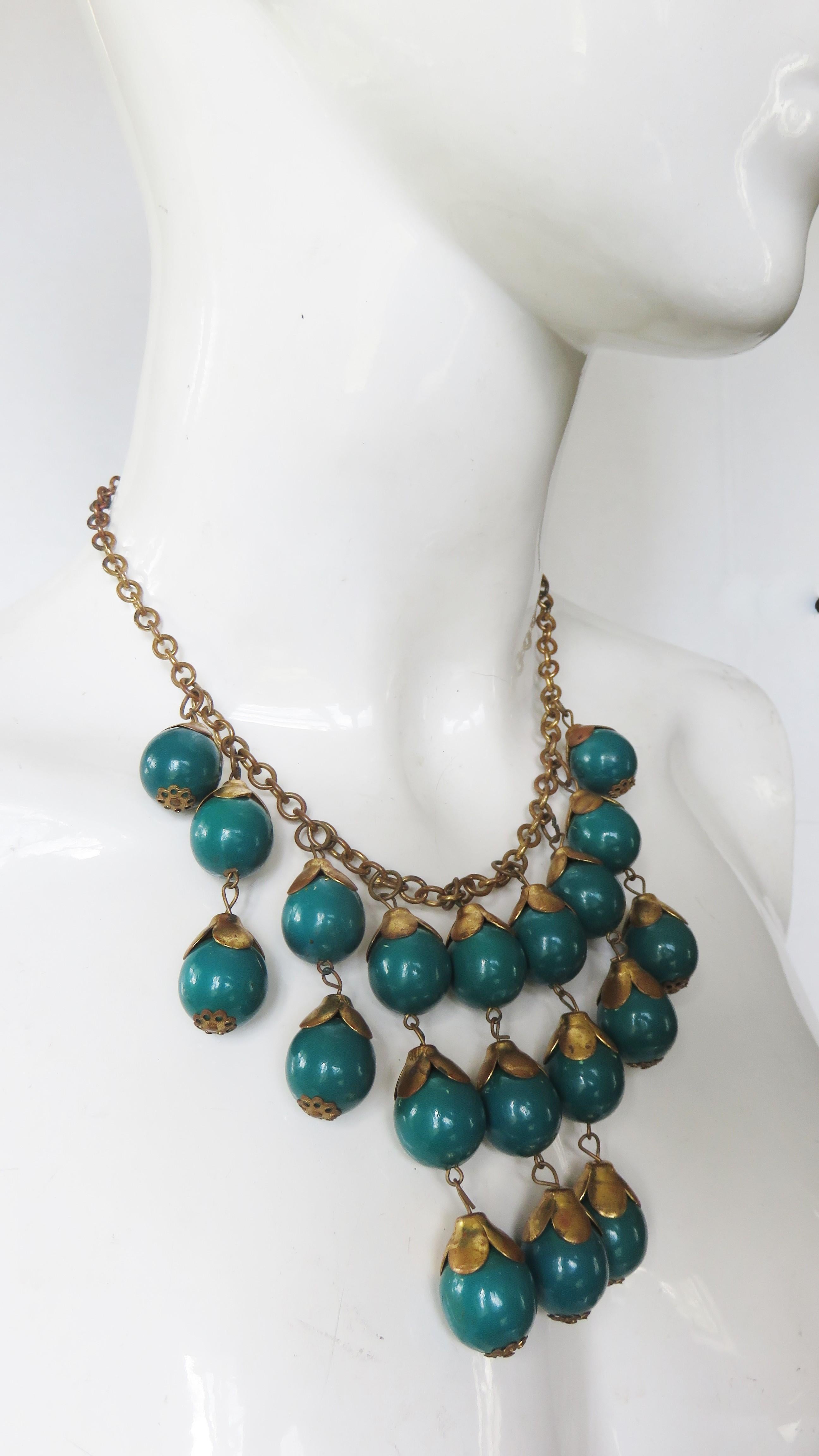 Women's Brass and Celluloid Ball Drop 1940s Necklace For Sale