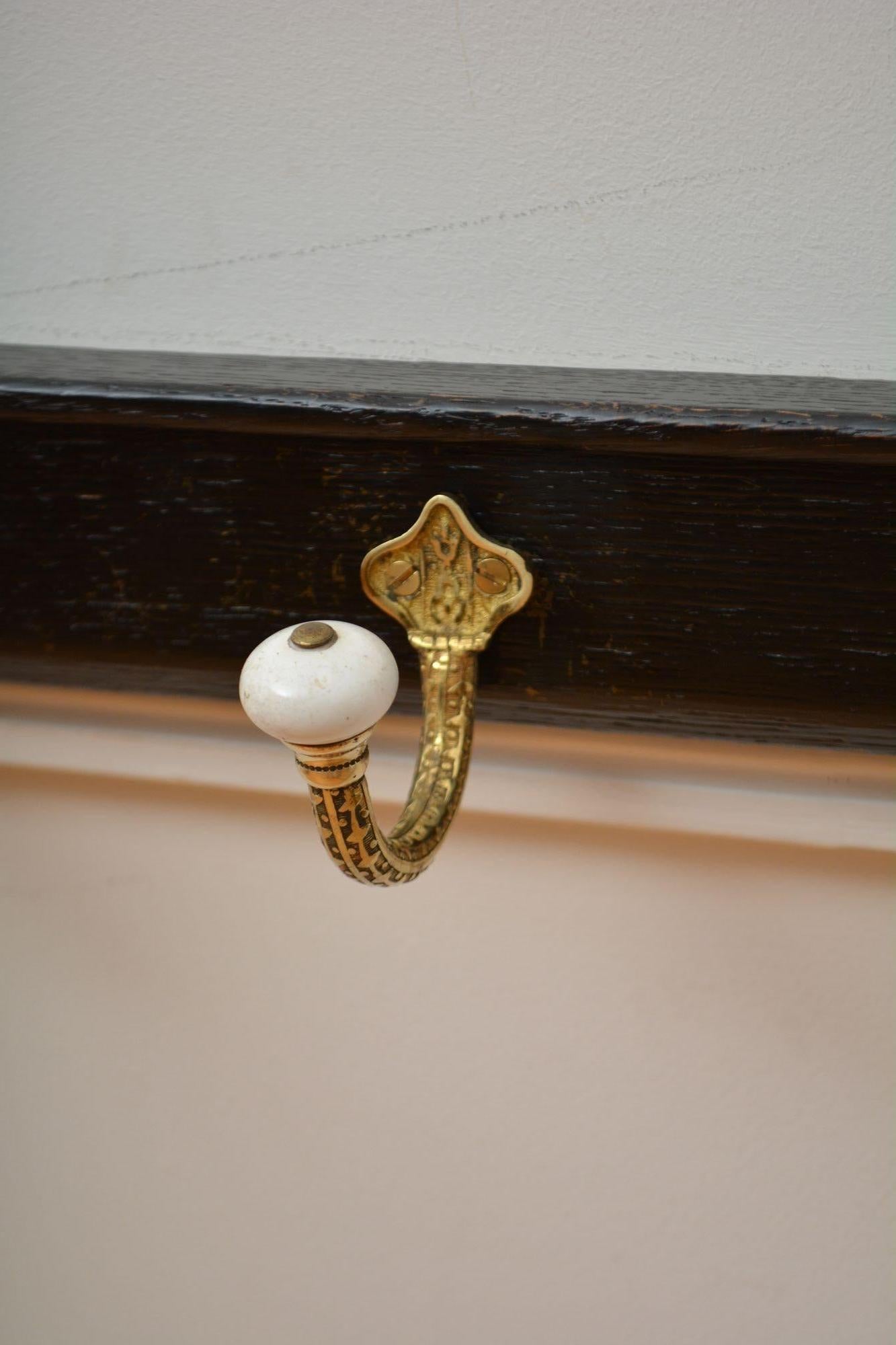 Brass and Ceramic Coat Hooks on Oak backing Coat Rack For Sale 5