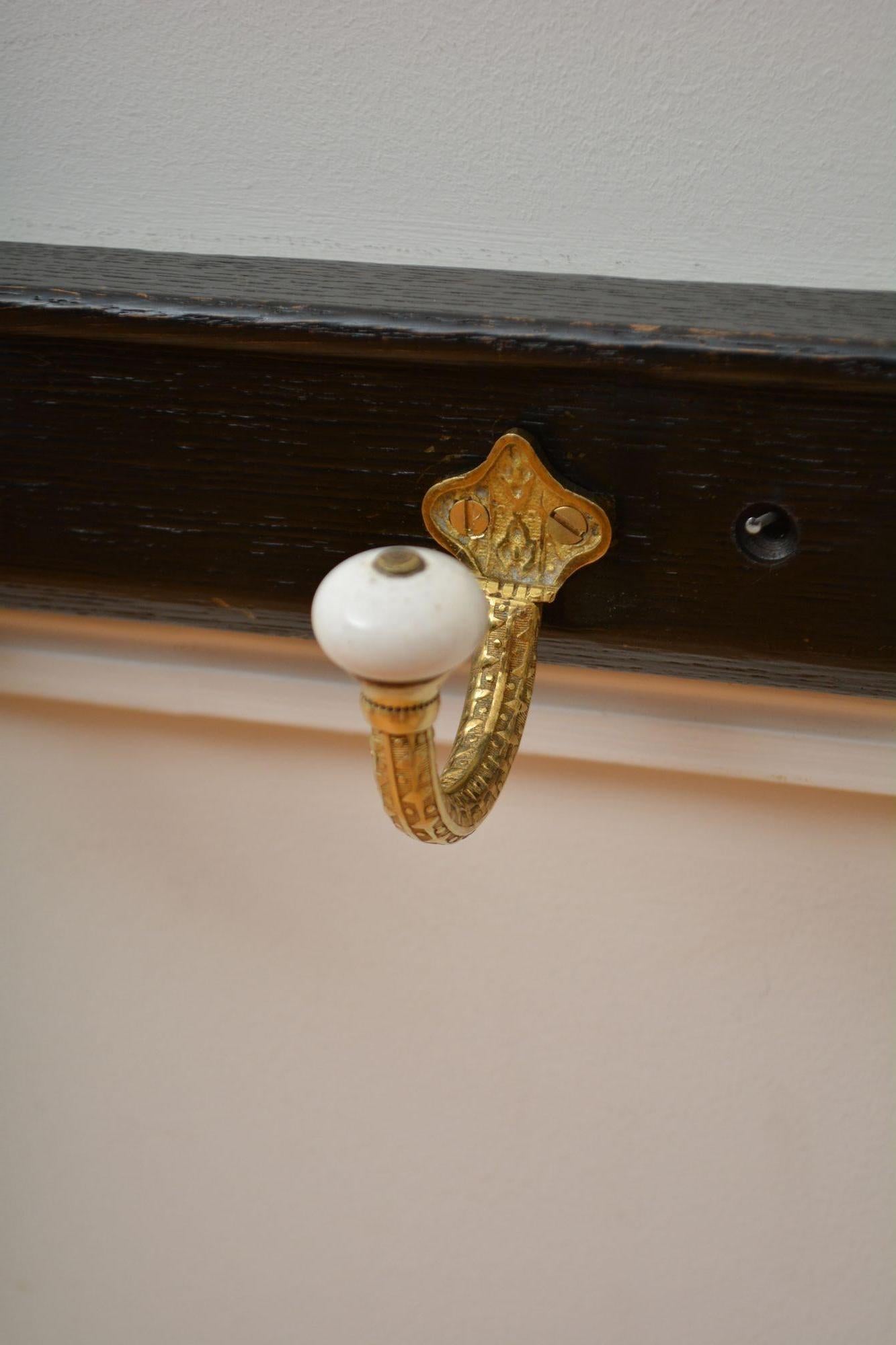 Brass and Ceramic Coat Hooks on Oak backing Coat Rack For Sale 6