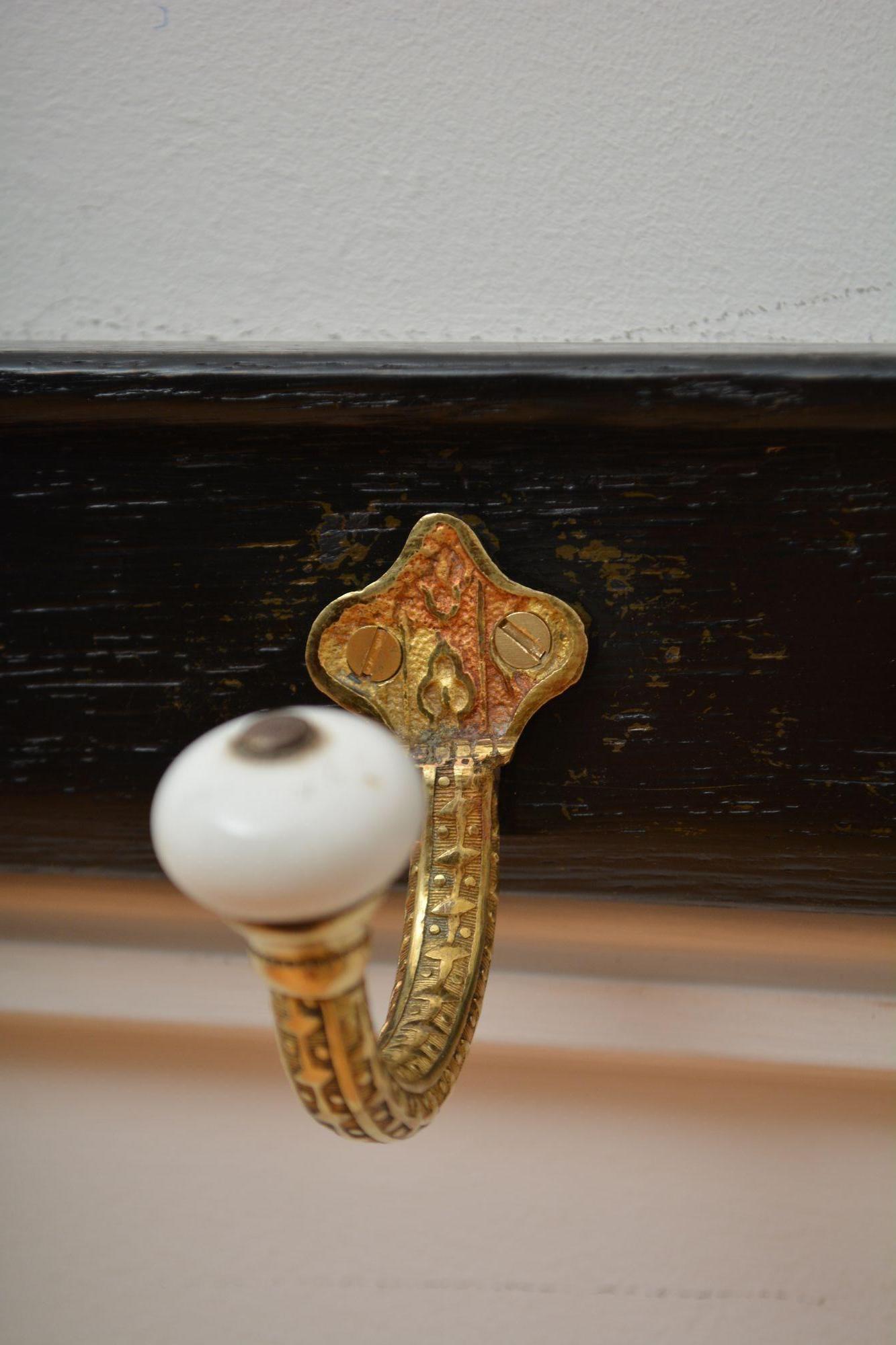 Brass and Ceramic Coat Hooks on Oak backing Coat Rack For Sale 7