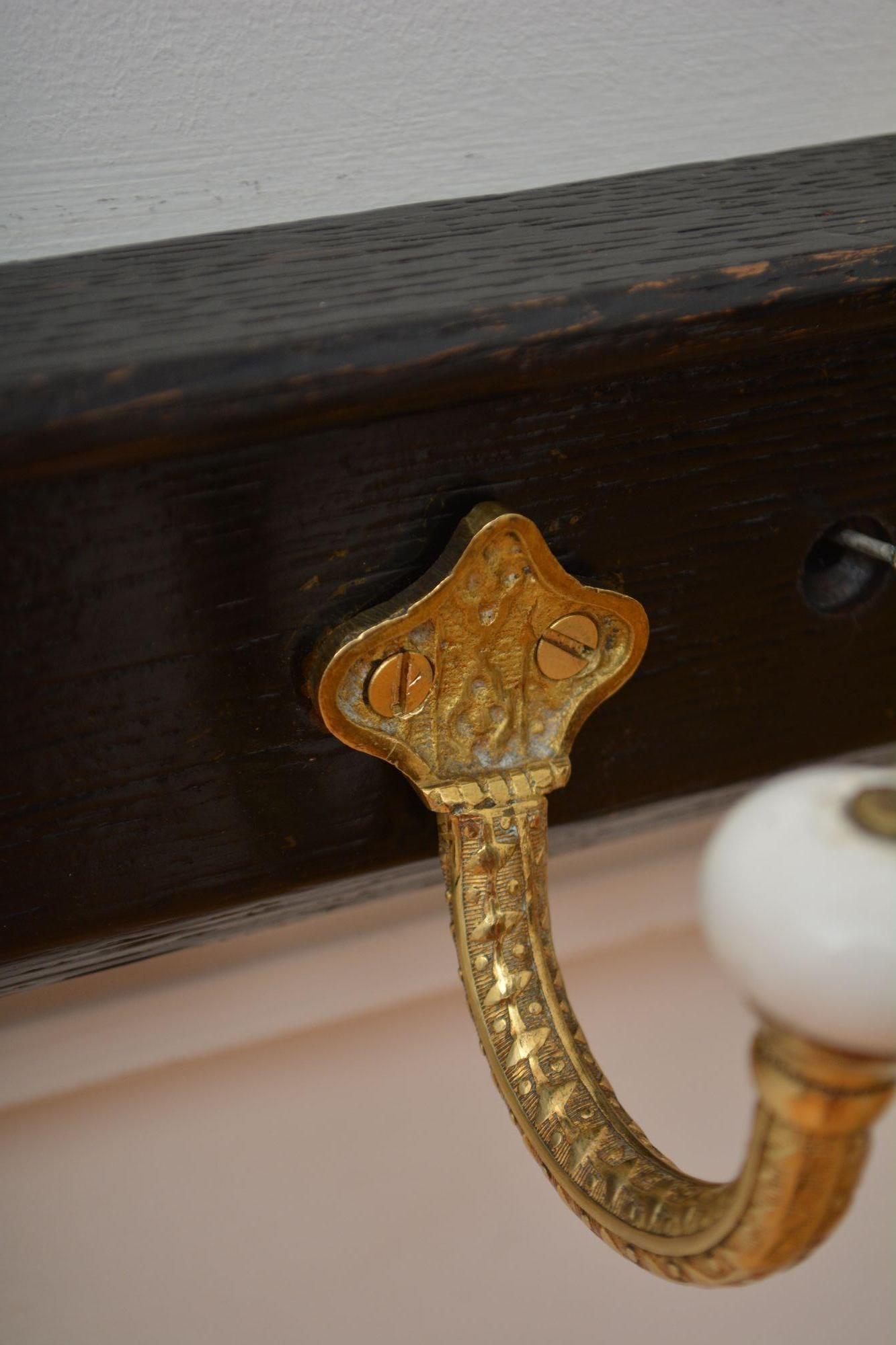 Brass and Ceramic Coat Hooks on Oak backing Coat Rack For Sale 9
