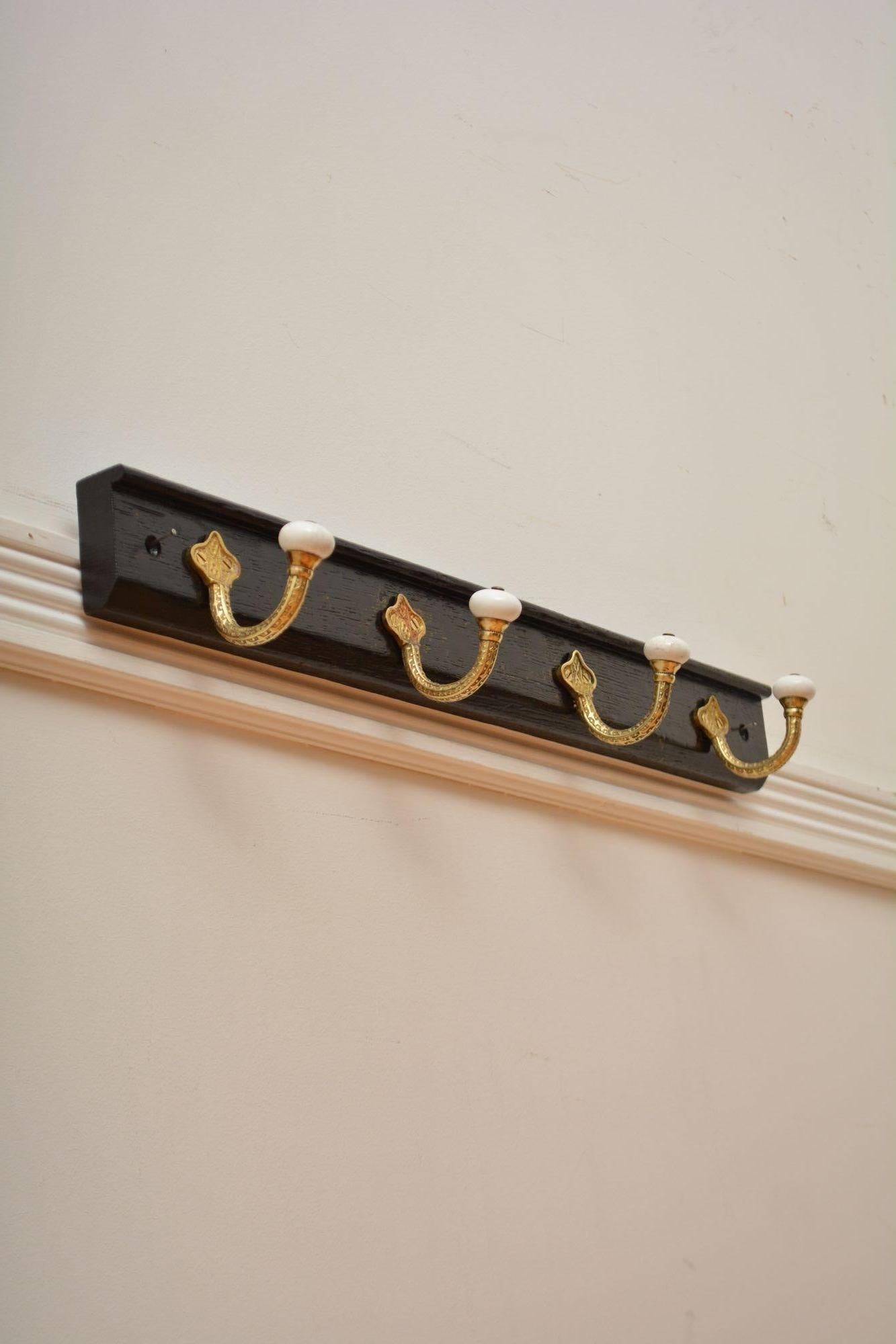 Brass and Ceramic Coat Hooks on Oak backing Coat Rack In Good Condition For Sale In Whaley Bridge, GB