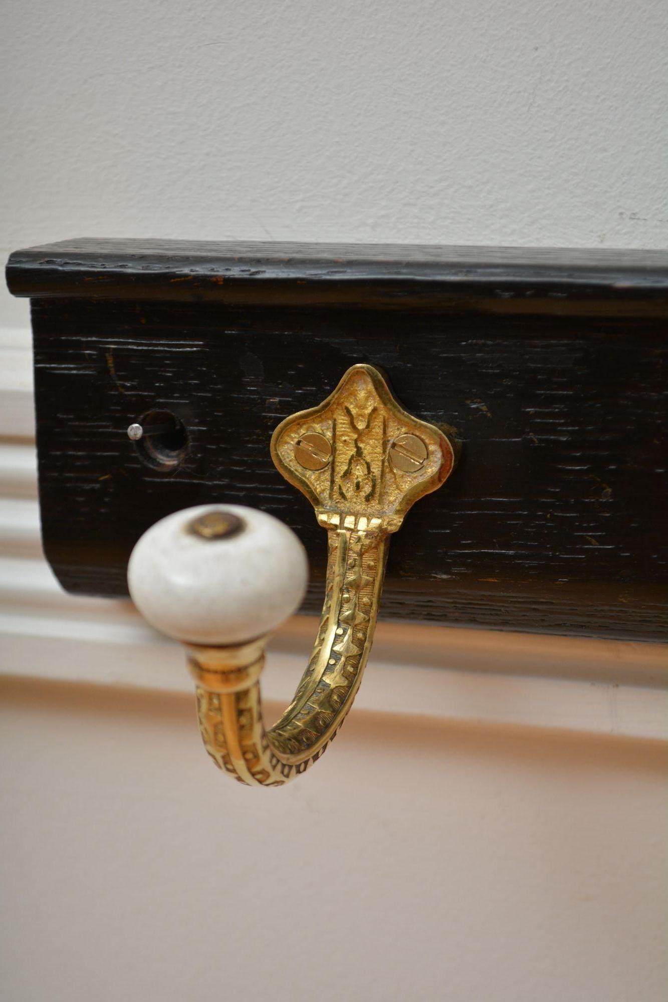 Brass and Ceramic Coat Hooks on Oak backing Coat Rack For Sale 3