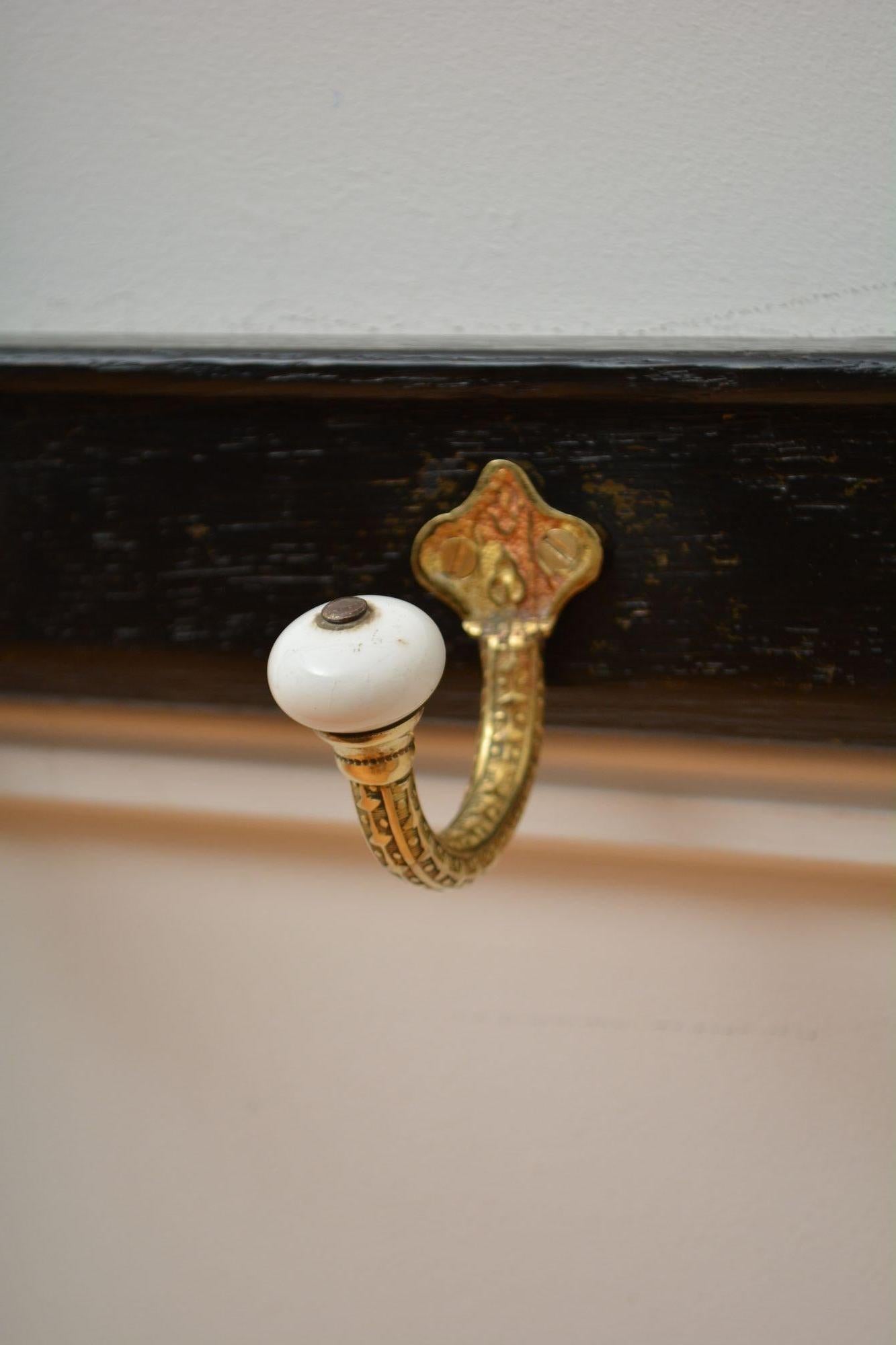 Brass and Ceramic Coat Hooks on Oak backing Coat Rack For Sale 4
