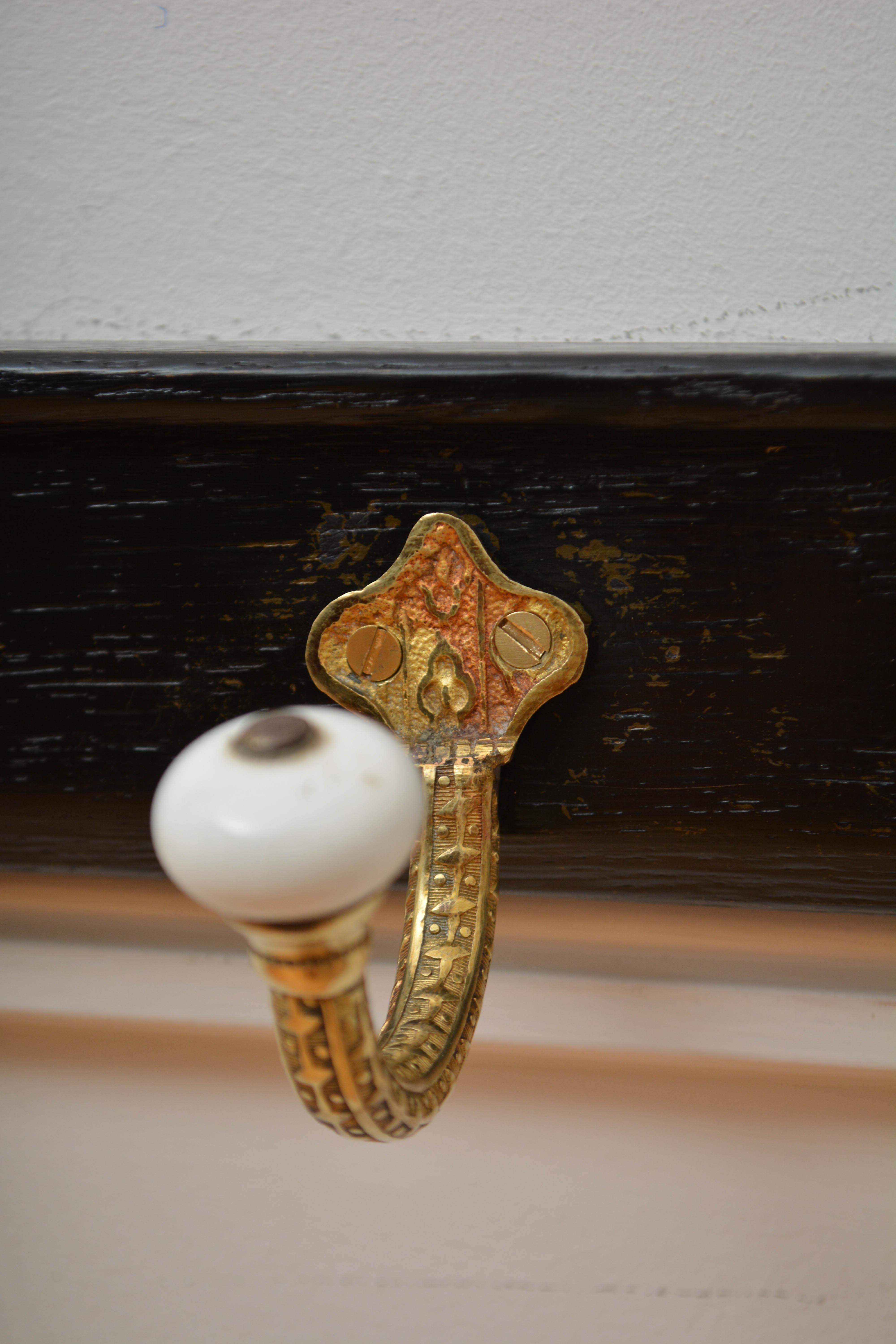 Brass and Ceramic Coat Hooks on Oak Ebonised Backing Coat Rack For Sale 6