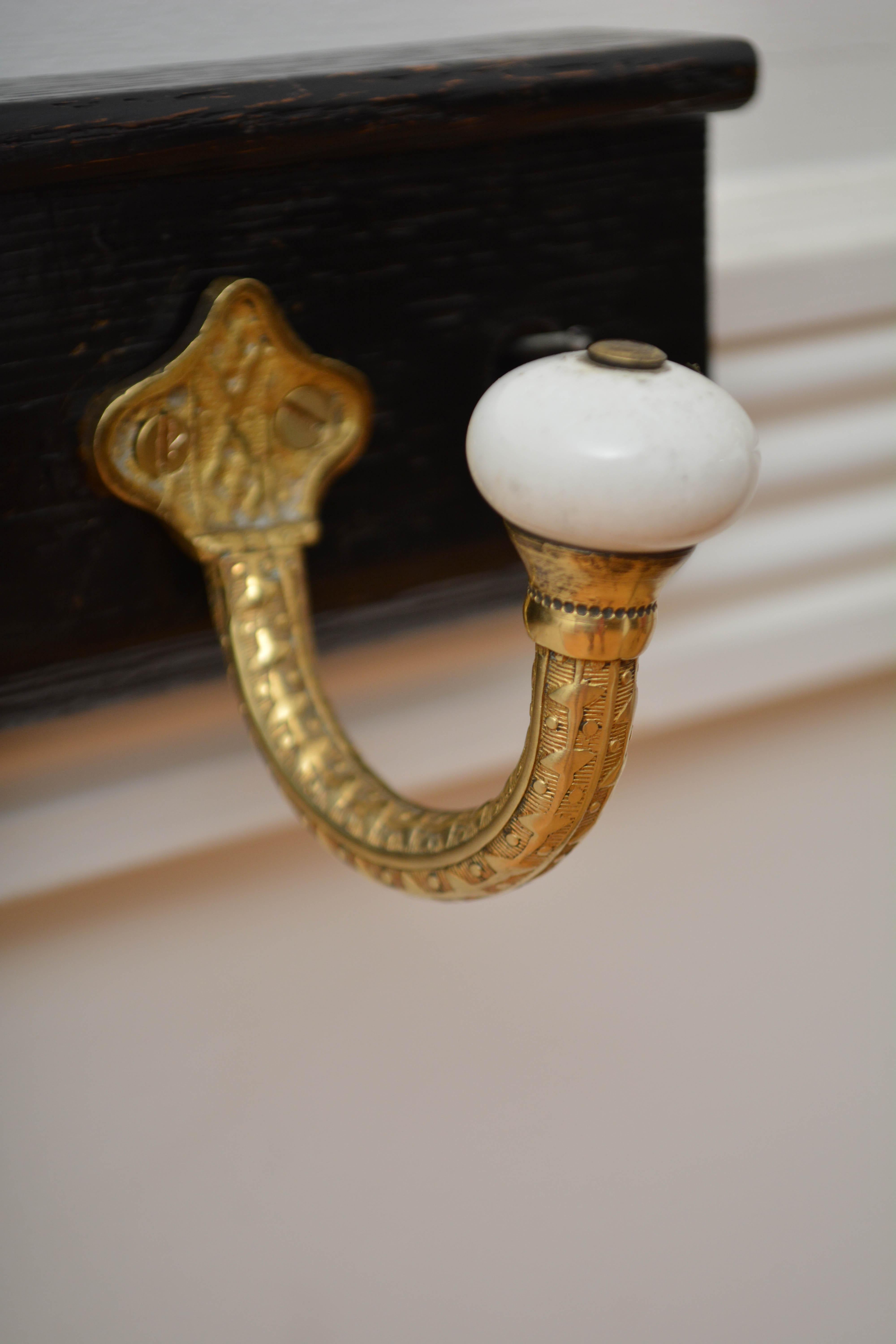 Brass and Ceramic Coat Hooks on Oak Ebonised Backing Coat Rack For Sale 7