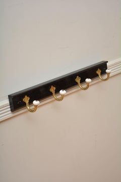 Brass and Ceramic Coat Hooks on Oak Ebonised Backing Coat Rack