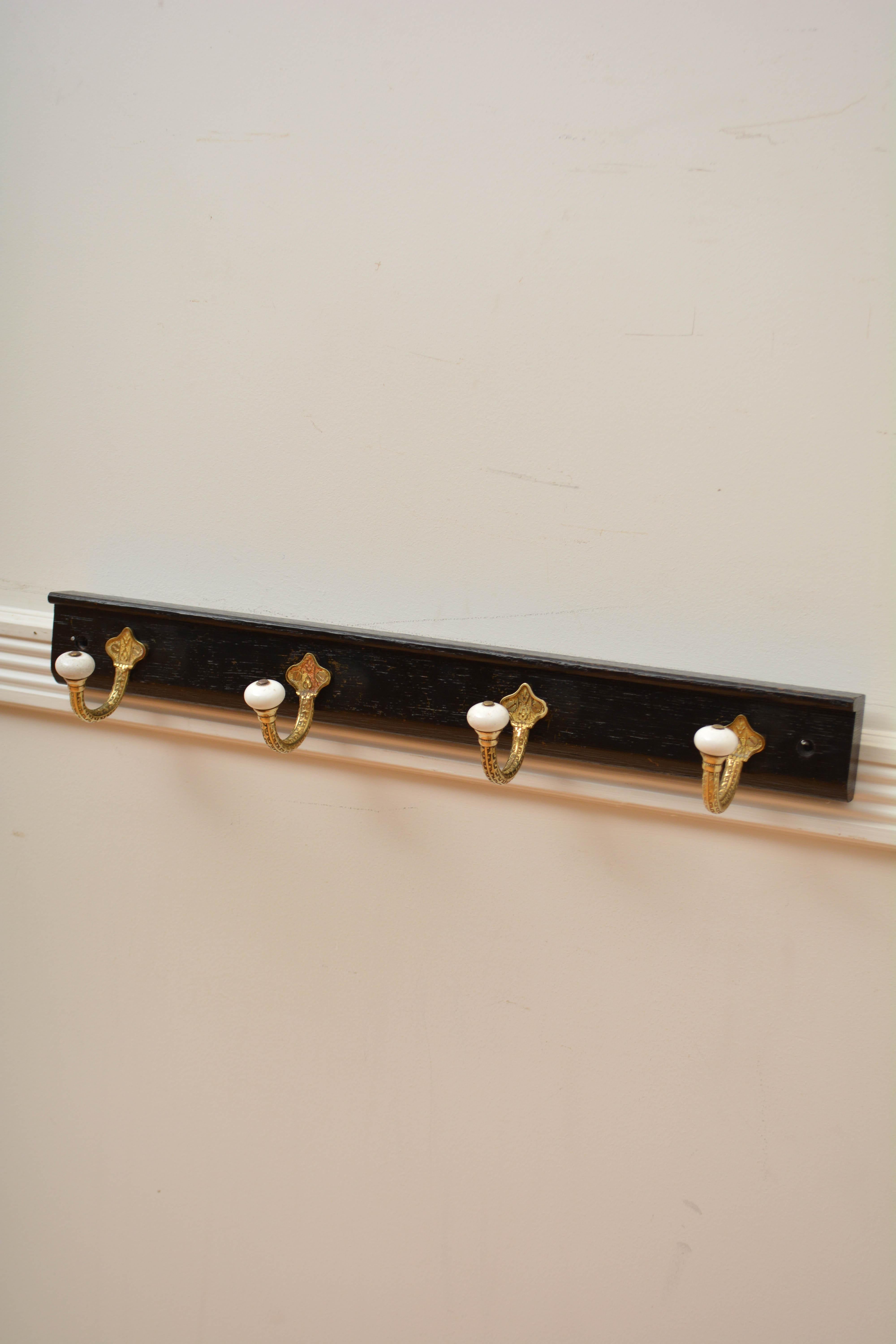 Victorian Brass and Ceramic Coat Hooks on Oak Ebonised Backing Coat Rack For Sale