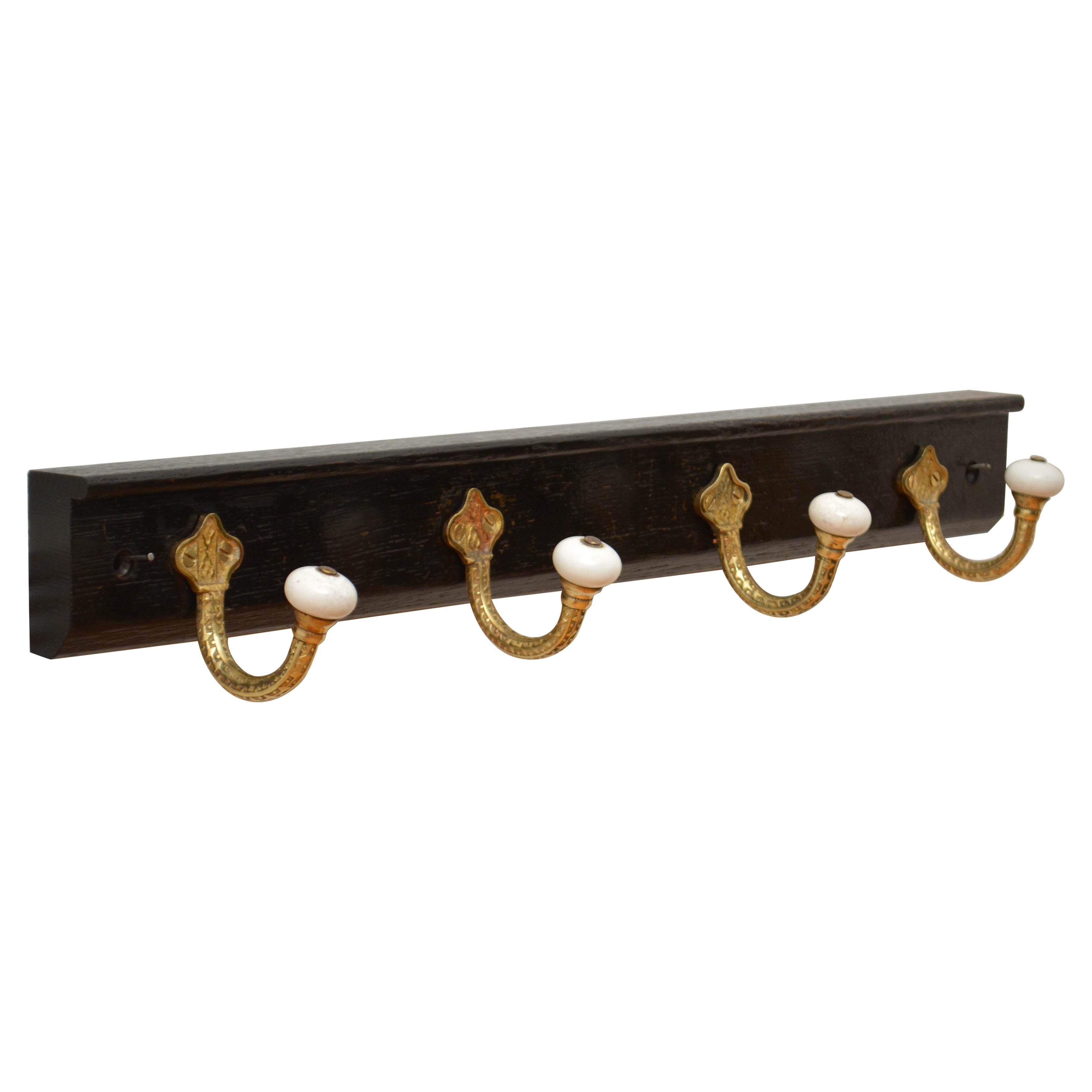 Brass and Ceramic Coat Hooks on Oak Ebonised Backing Coat Rack For Sale