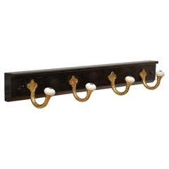Brass and Ceramic Coat Hooks on Oak Ebonised Backing Coat Rack