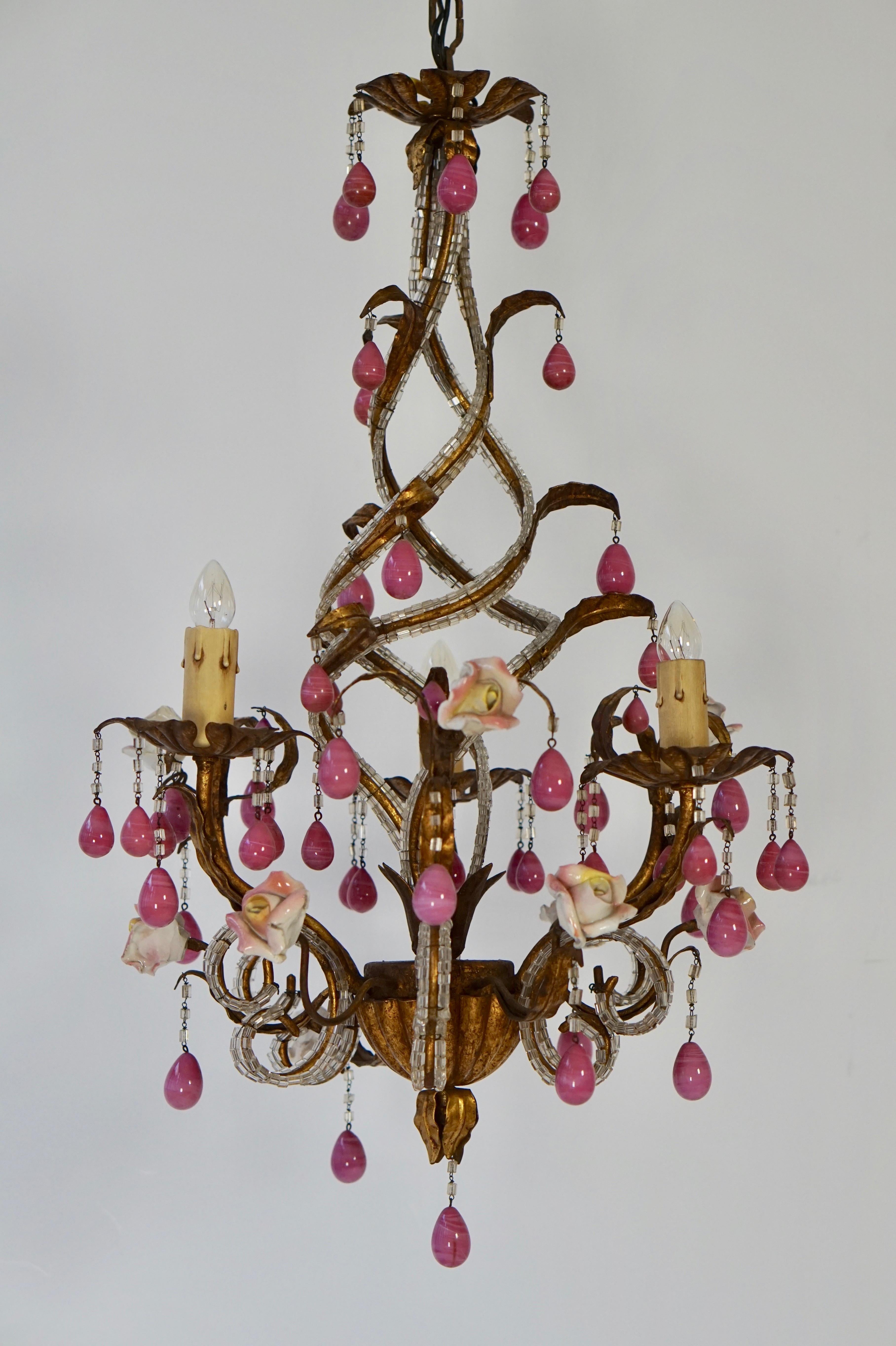 Brass and Ceramic Drop Chandelier with Porcelain Flowers, Italy For Sale 1
