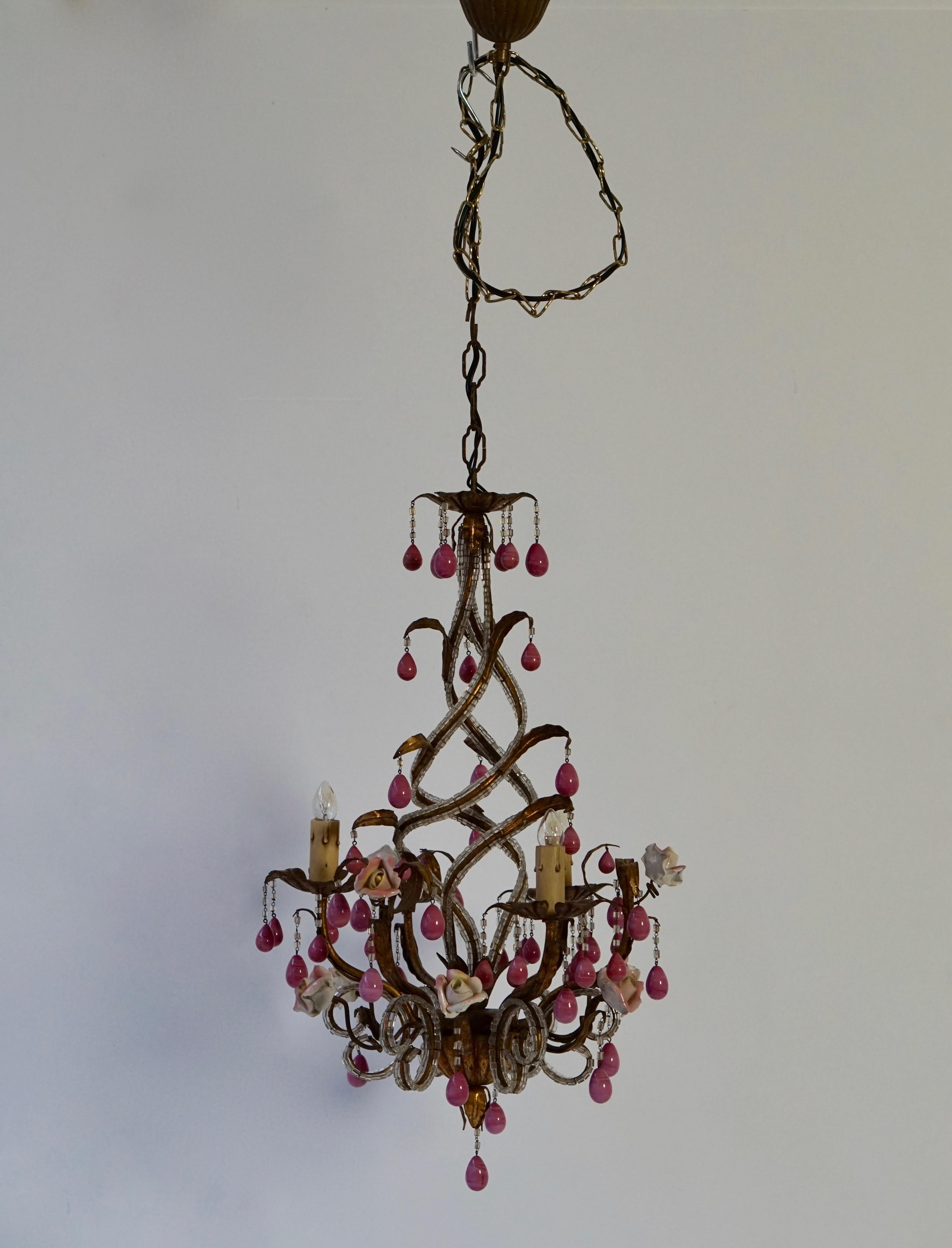 Brass and Ceramic Drop Chandelier with Porcelain Flowers, Italy For Sale 2