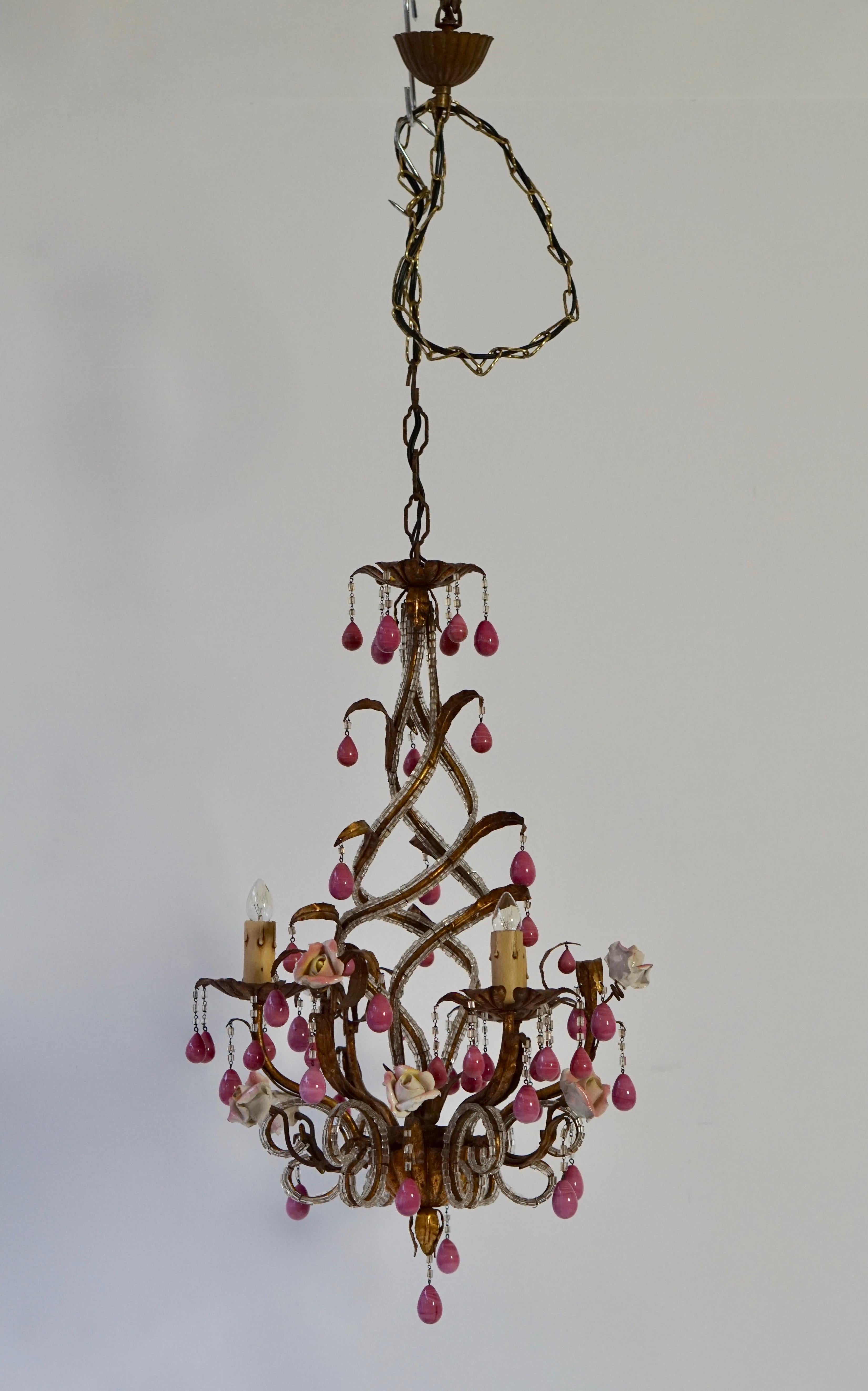 Brass and Ceramic Drop Chandelier with Porcelain Flowers, Italy For Sale 3