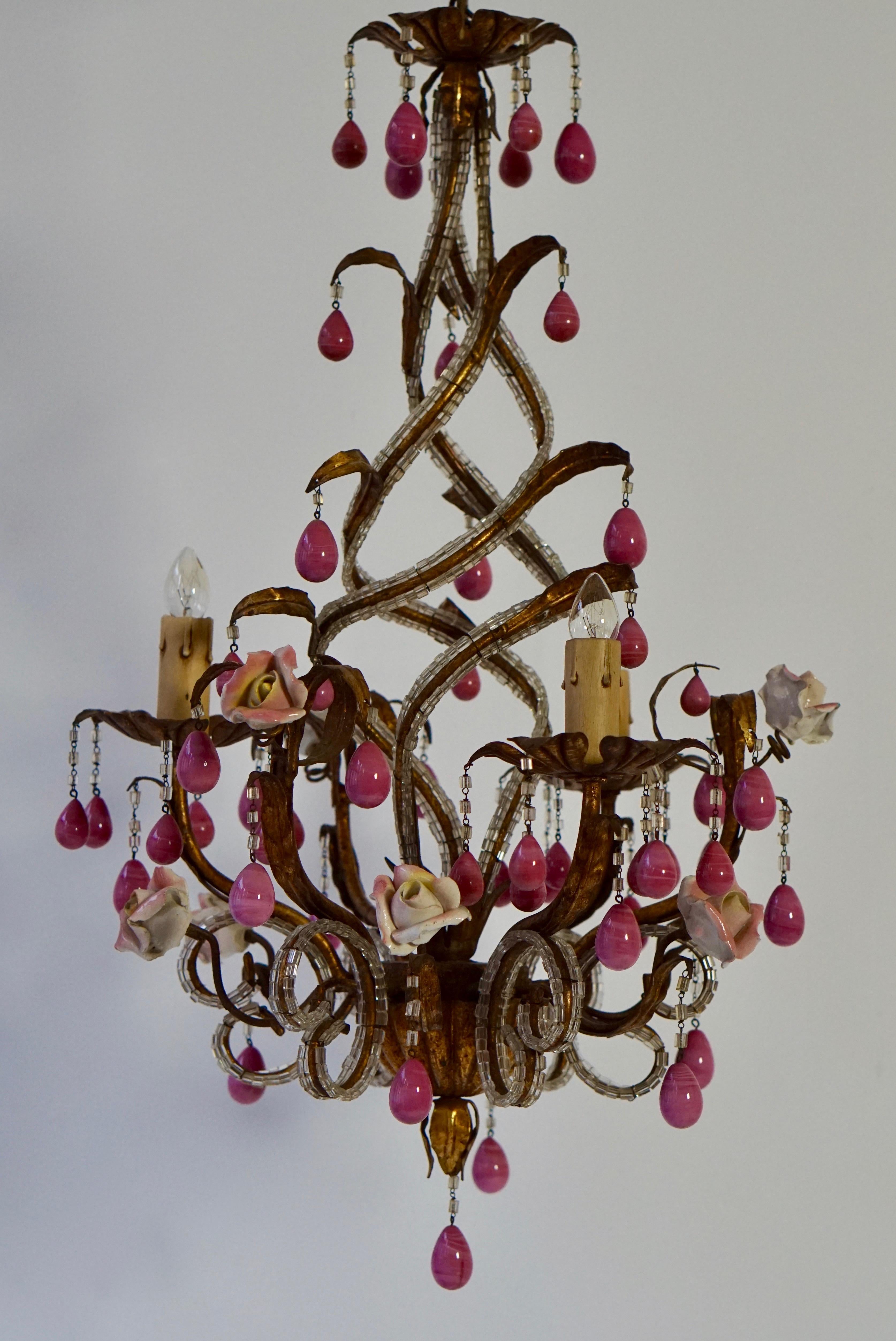 Brass and Ceramic Drop Chandelier with Porcelain Flowers, Italy For Sale 4