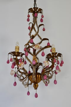 Brass and Ceramic Drop Chandelier with Porcelain Flowers, Italy
