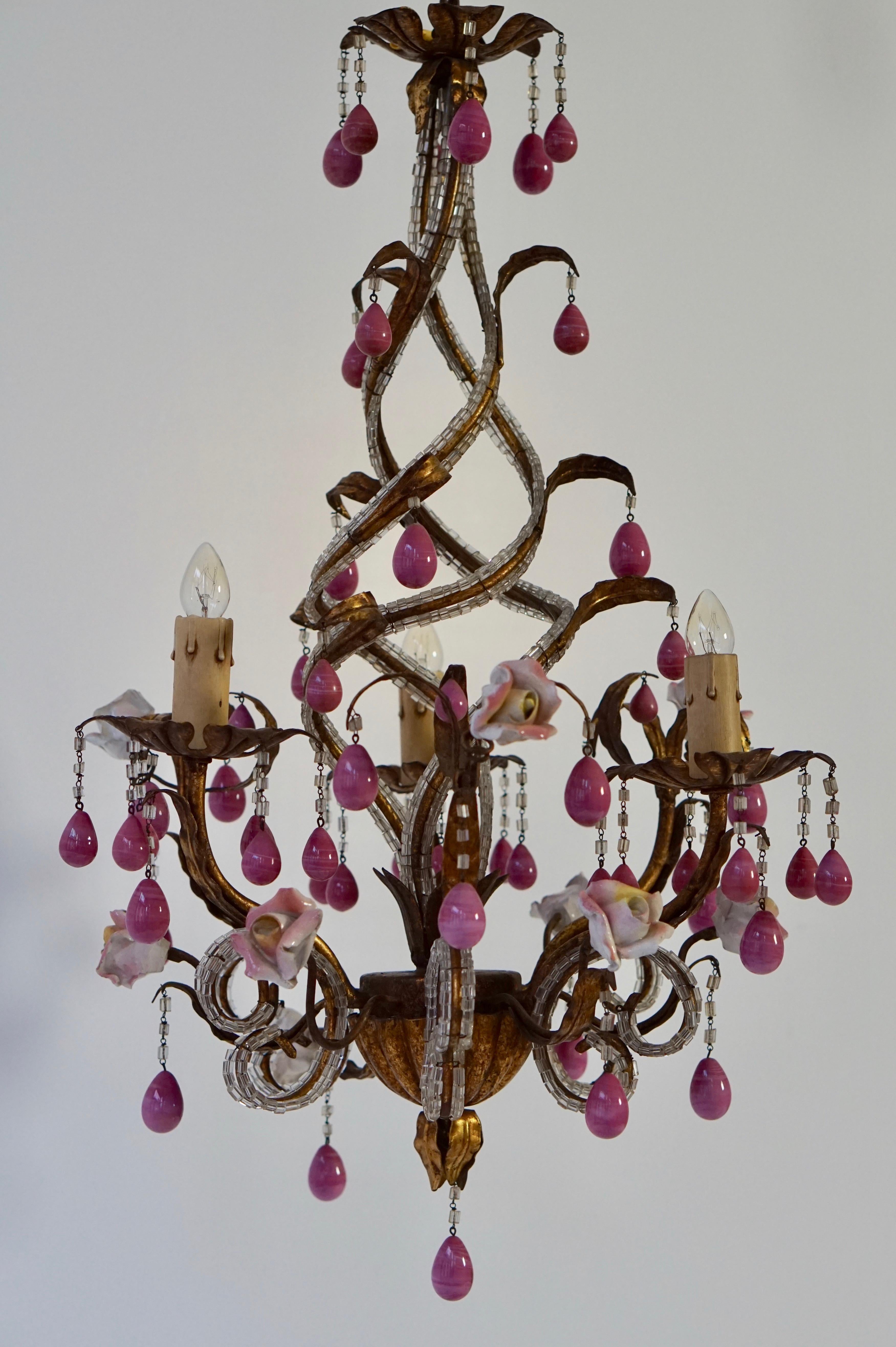 Italian Brass and Ceramic Drop Chandelier with Porcelain Flowers, Italy For Sale