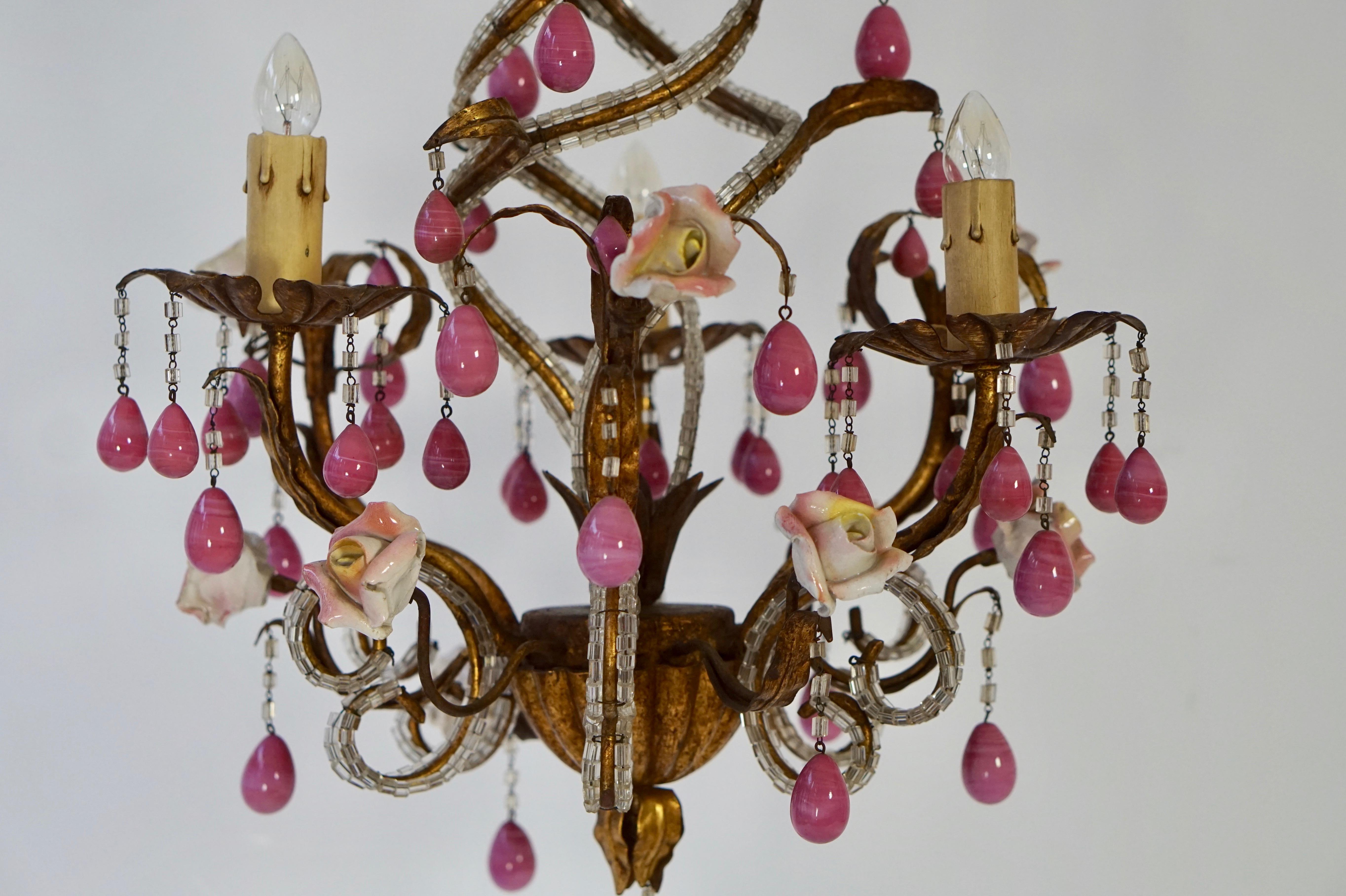 Gilt Brass and Ceramic Drop Chandelier with Porcelain Flowers, Italy For Sale