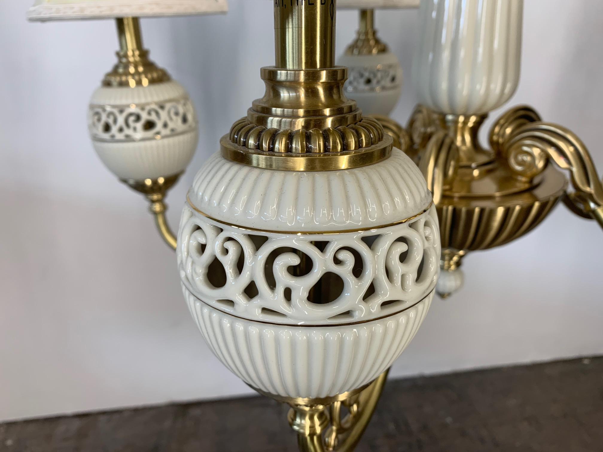 Hollywood Regency Brass and Ceramic Five-Light Chandelier by Lenox