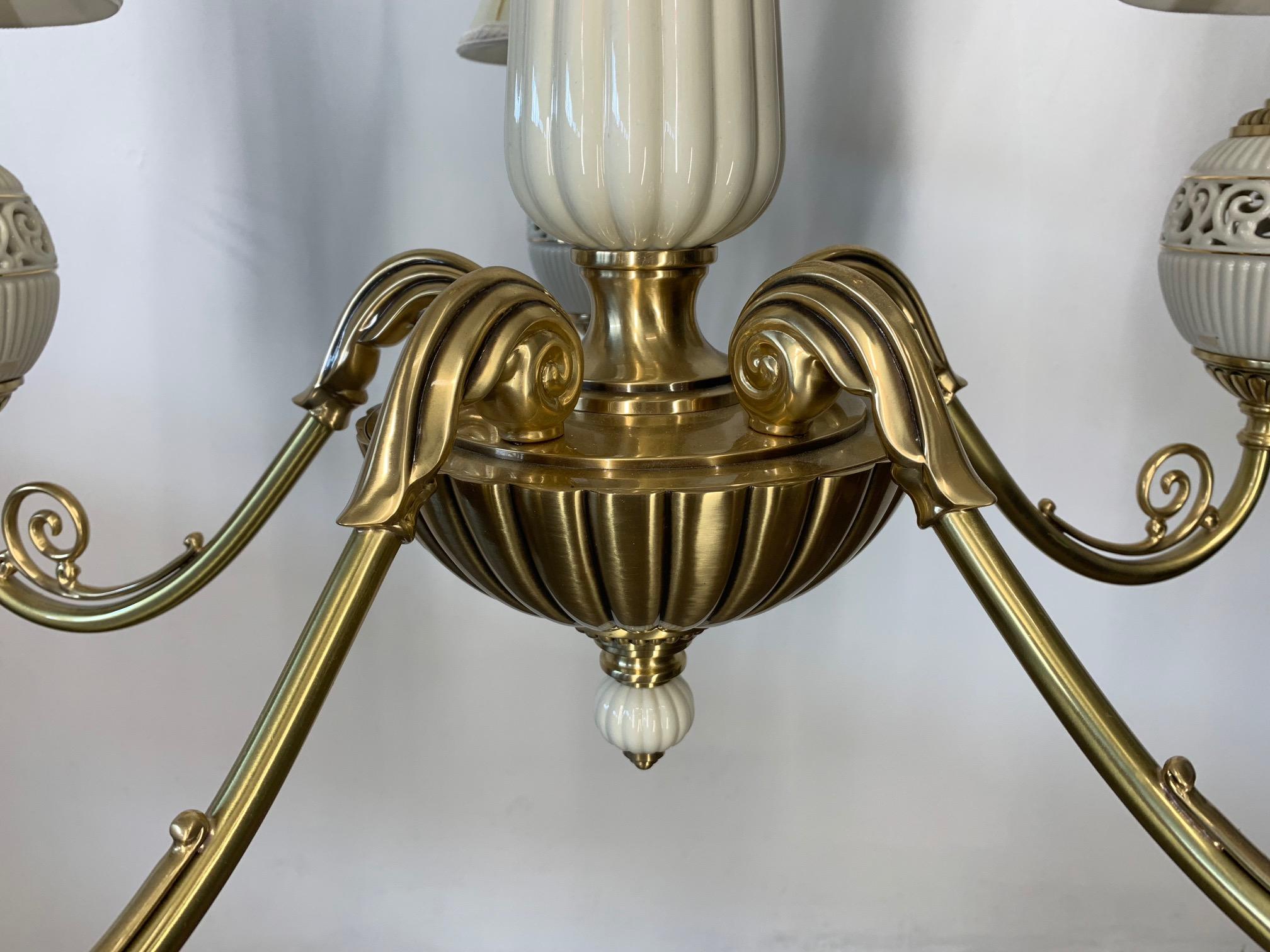 Brass and Ceramic Five-Light Chandelier by Lenox In Good Condition In Jacksonville, FL