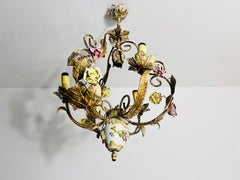 Brass and Ceramic Florentine Flower Shape Chandelier, Germany, 1970s