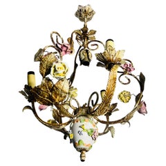 Brass and Ceramic Florentine Flower Shape Chandelier, Germany, 1970s
