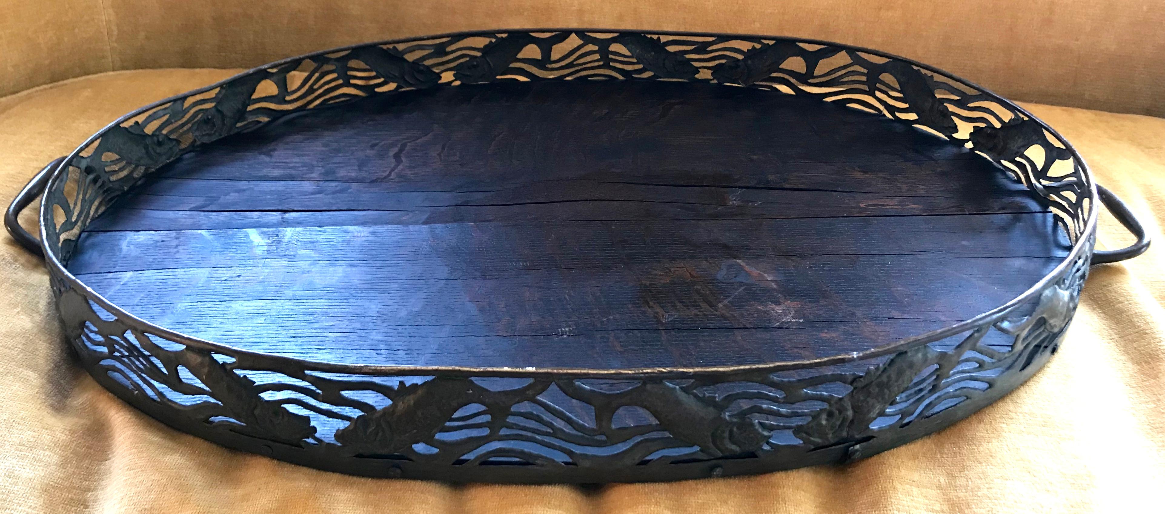 19th Century Brass and Chestnut Wood Fish Tray For Sale