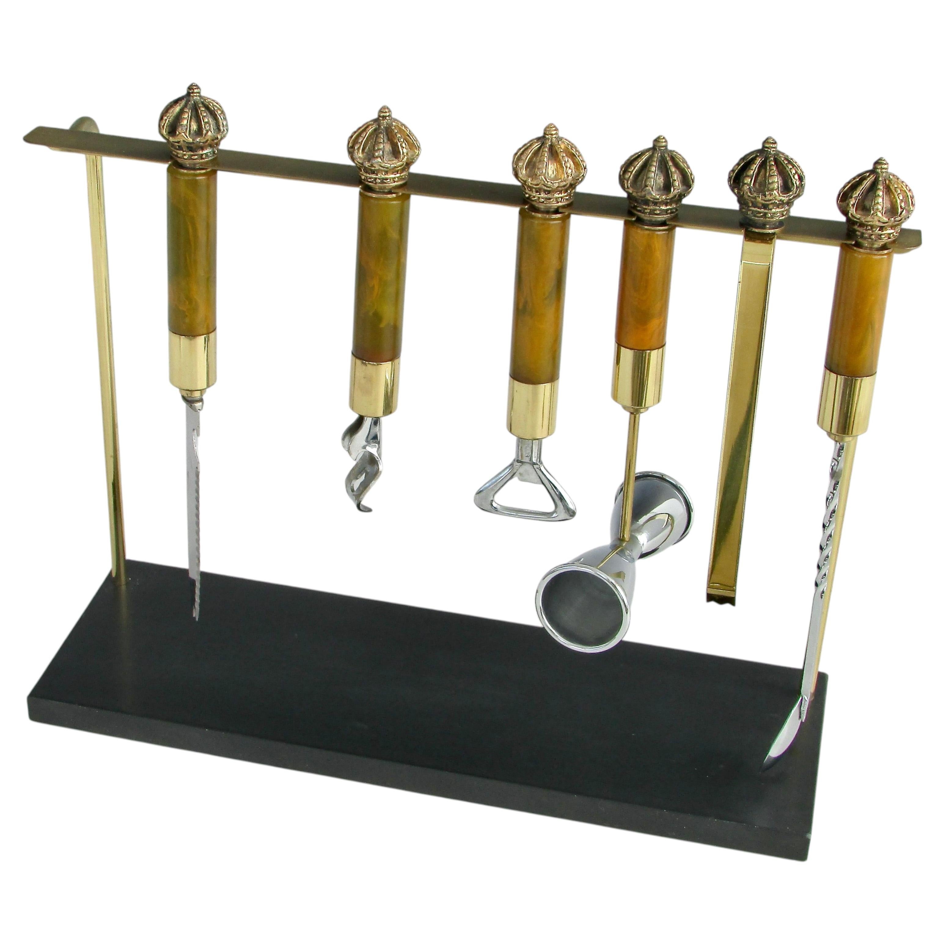 Brass and chrome bar tools with Bakelite handles on stand fit for a king For Sale
