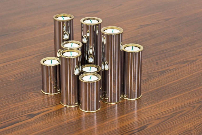 Scandinavian Modern Brass and Chrome Candlesticks by Englesson, Sweden, Set of 9 For Sale