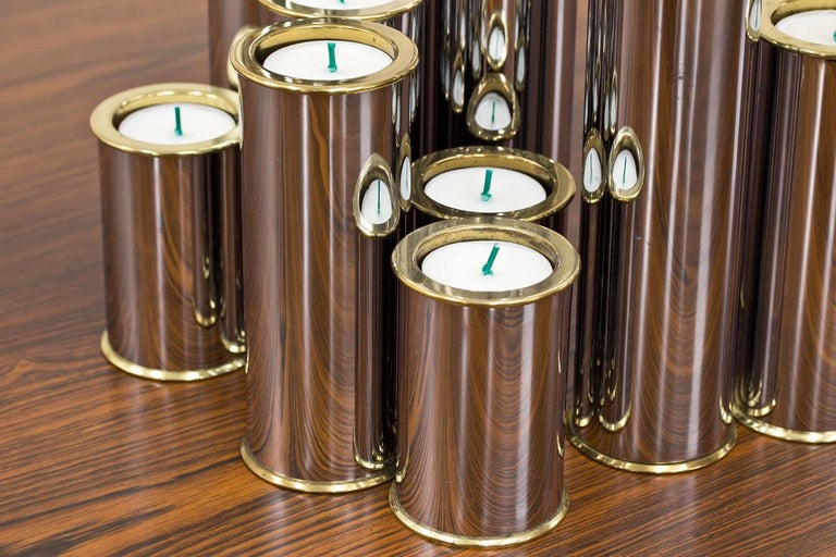 Brass and Chrome Candlesticks by Englesson, Sweden, Set of 9 In Good Condition For Sale In Stockholm, SE