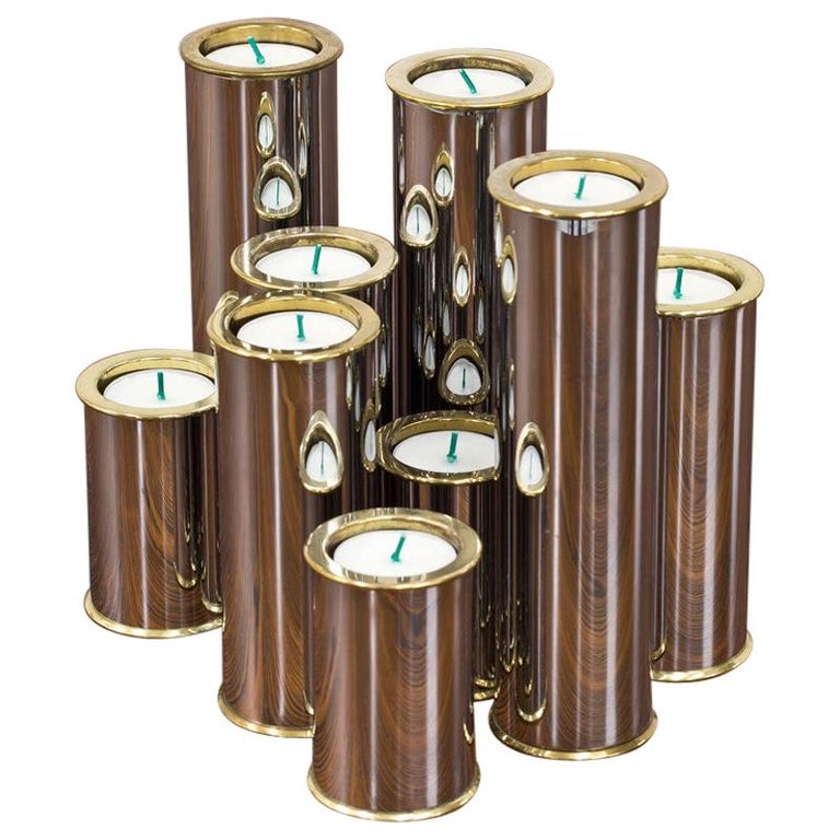 Brass and Chrome Candlesticks by Englesson, Sweden, Set of 9 For Sale