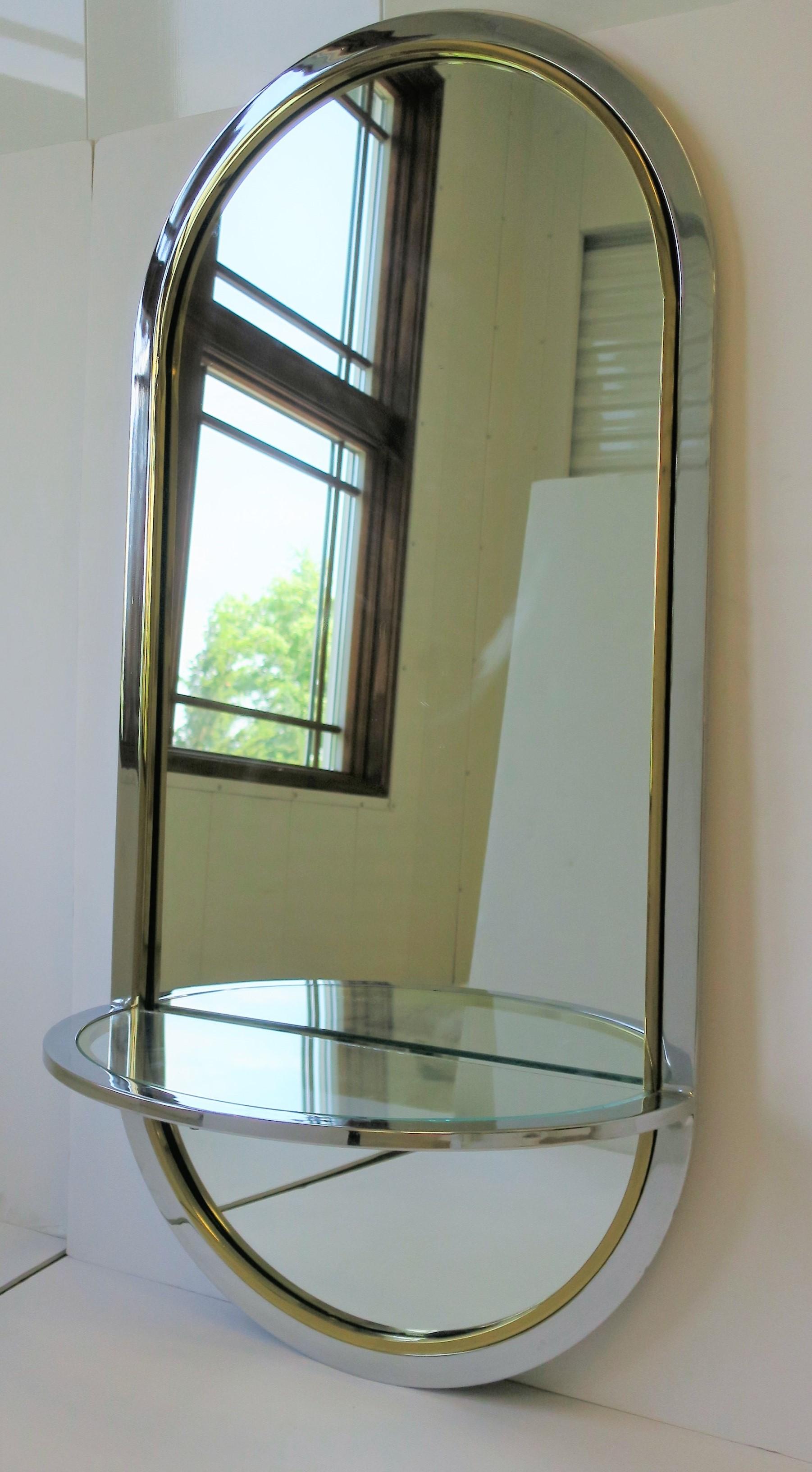 American Brass and Chrome Wall Mirror with Console Shelf Modern Postmodern