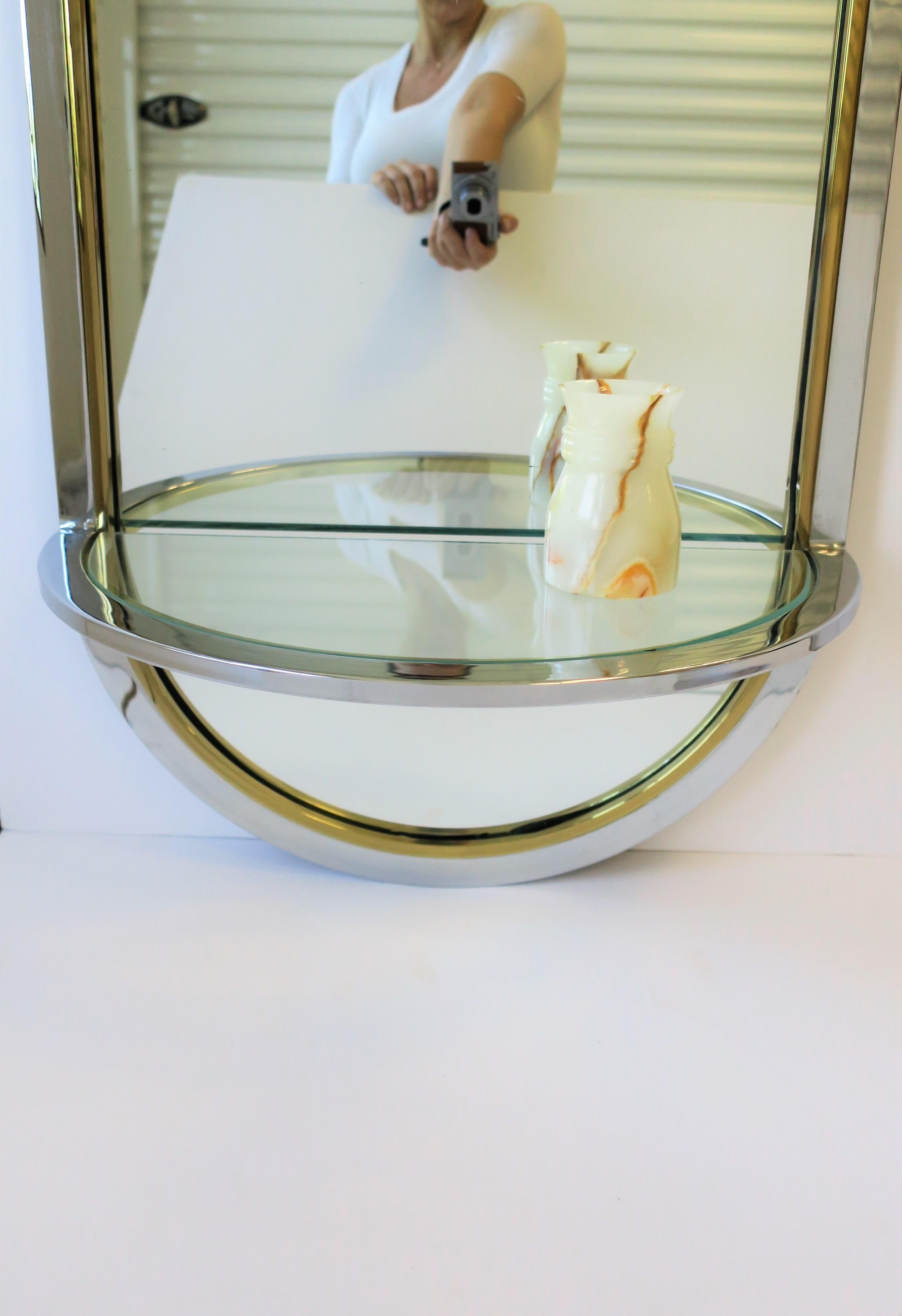 Brass and Chrome Wall Mirror with Console Shelf Modern Postmodern 1