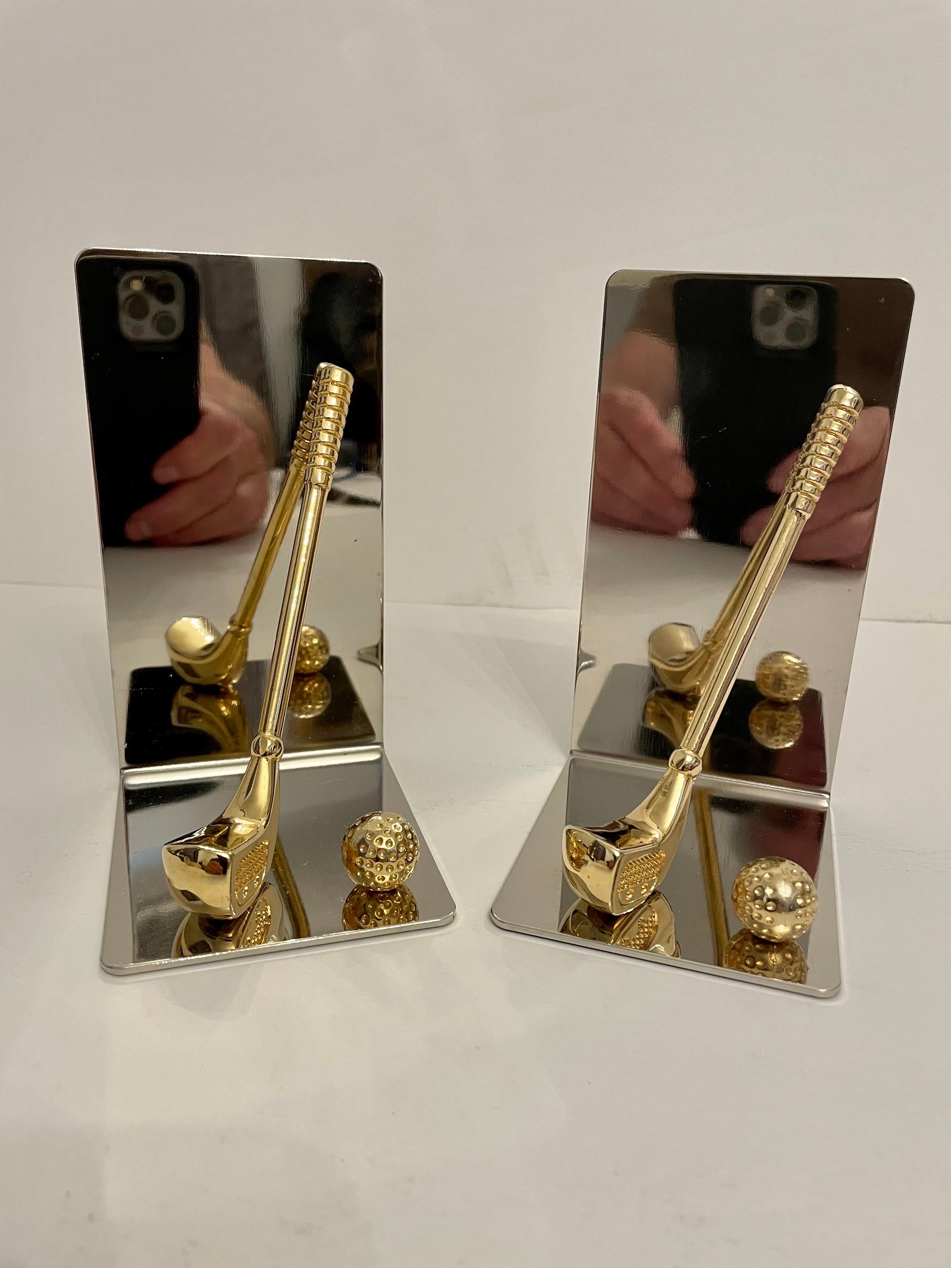 Hollywood Regency Brass and Chrome Golf Club Bookends For Sale