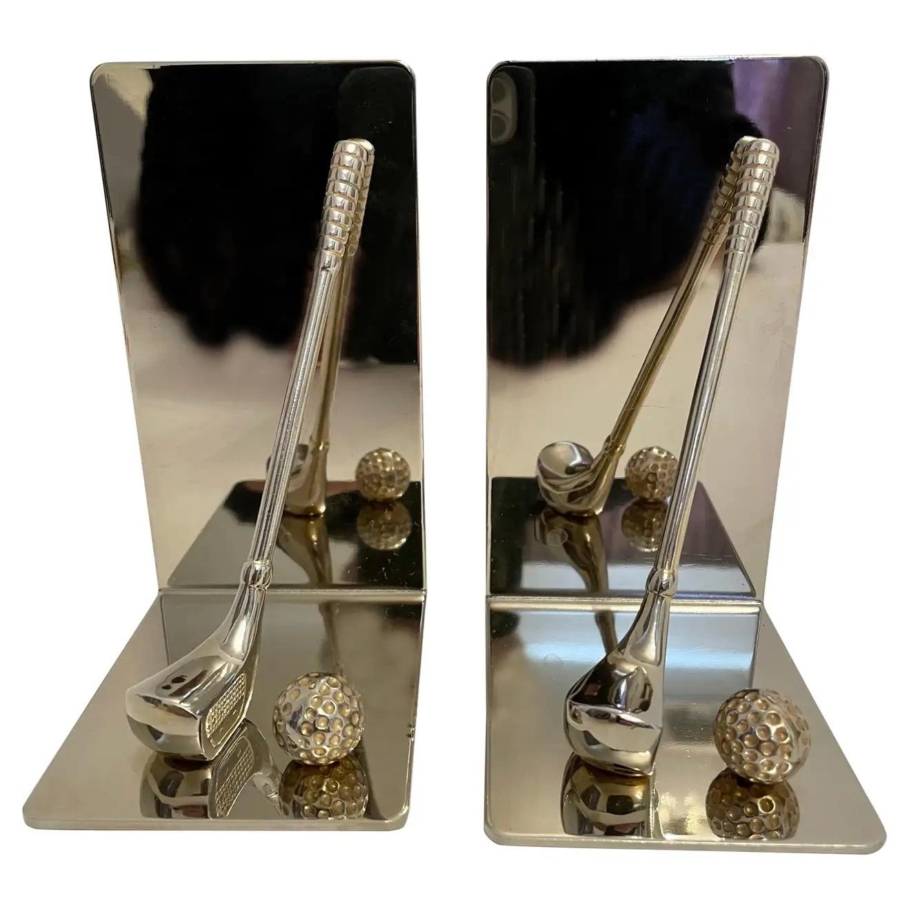 Brass and Chrome Golf Club Bookends For Sale 3
