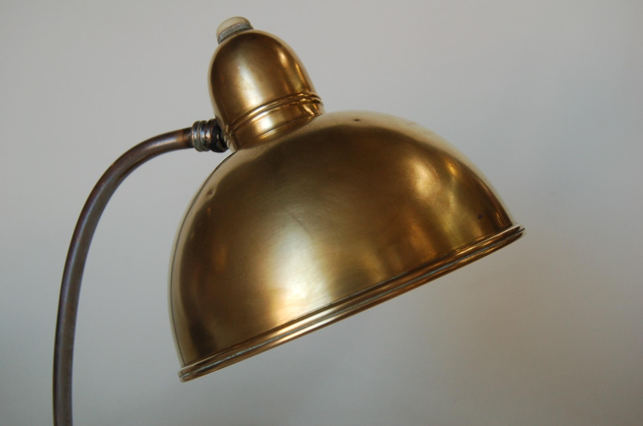 Brass and Chrome Machine Age Bell Shade Reading Desk Lamp In Excellent Condition For Sale In Van Nuys, CA