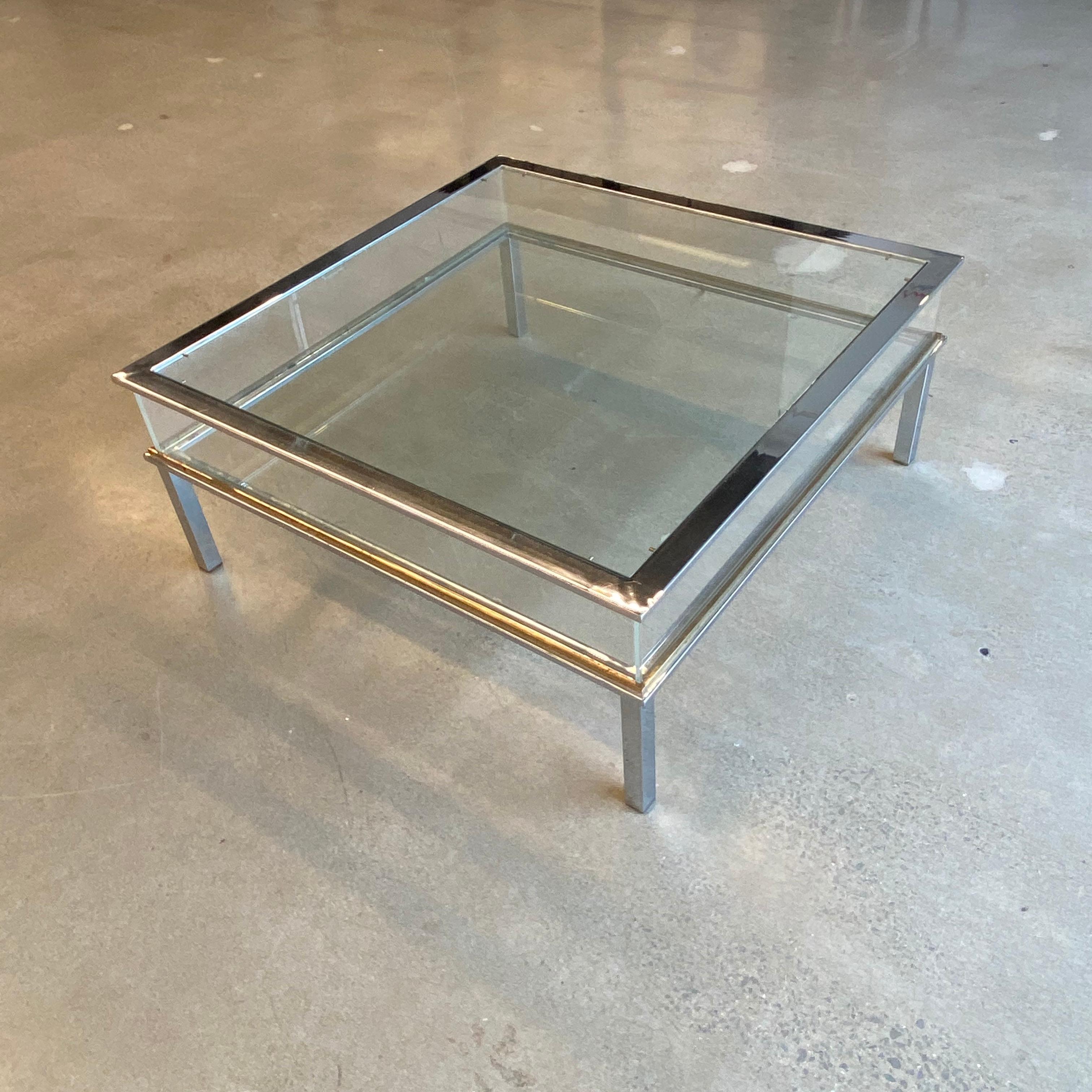 French Brass and Chrome Sliding Top Coffee Table by Maison Jansen