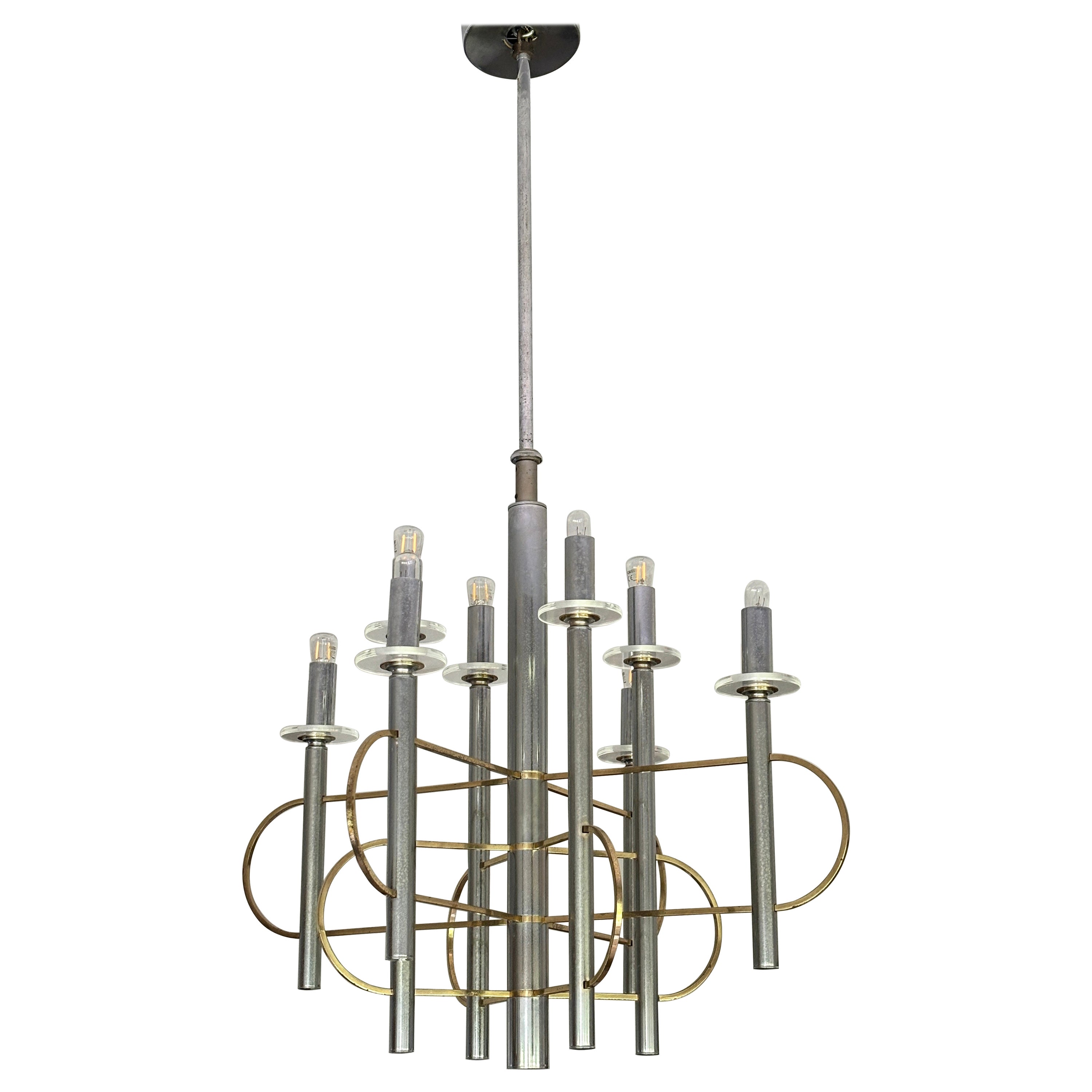 Lustre Spoutnik en laiton et chrome de Gaetano Sciolari, Italie, années 1960