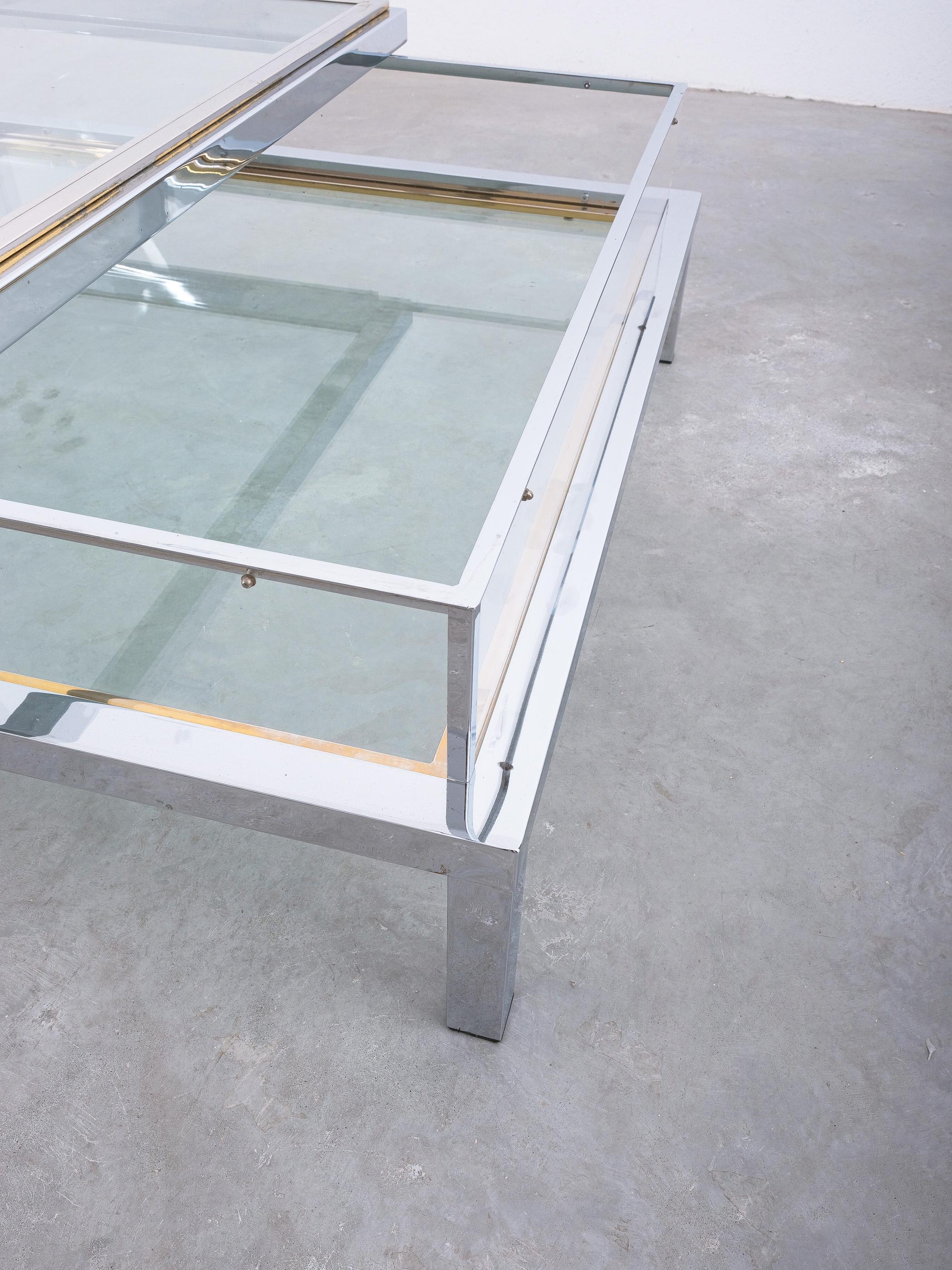 Polished Brass and Chrome Vitrine Glass Coffee Table Attr. Maison Jansen, 1970 For Sale