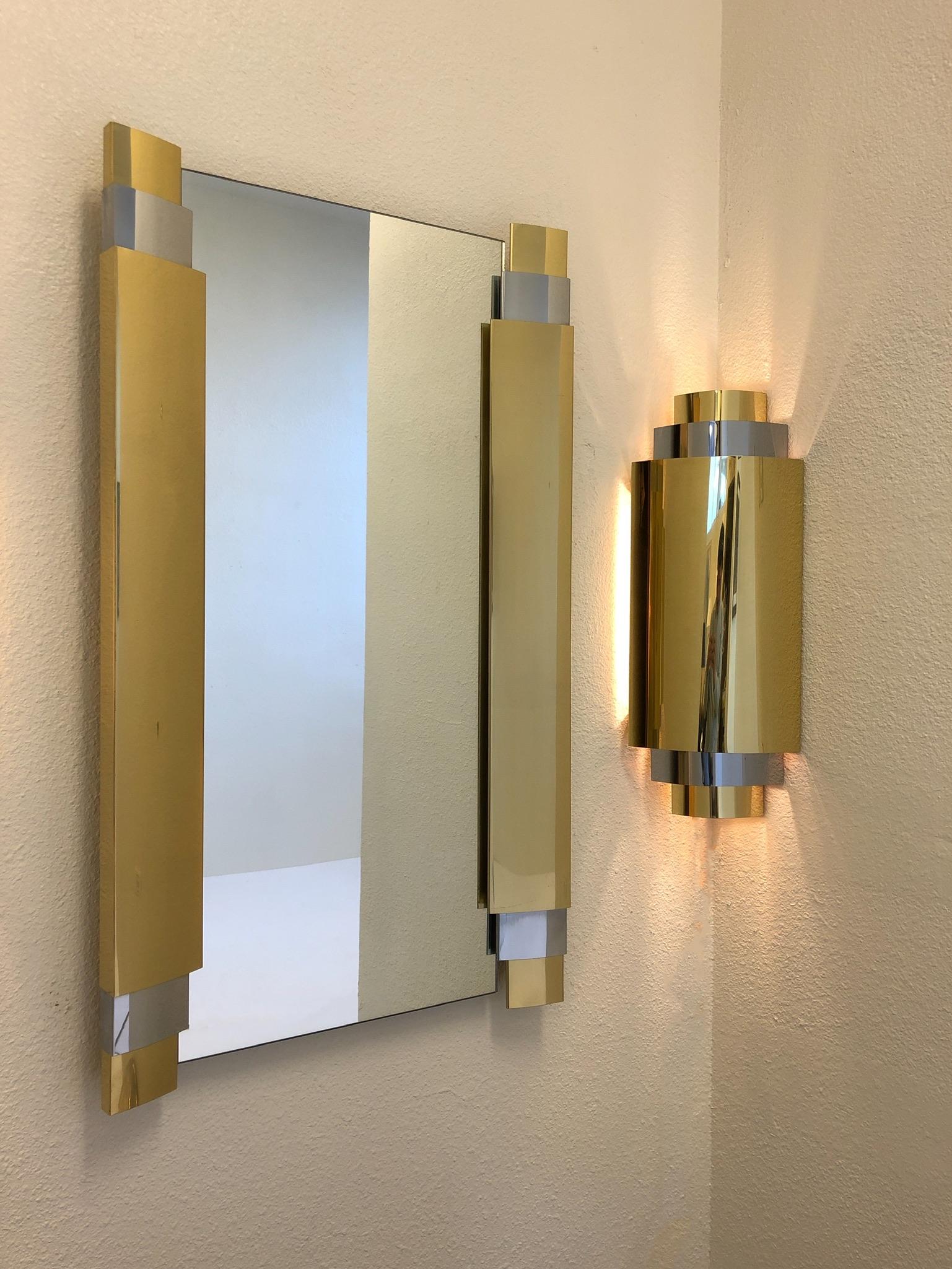 Modern Brass and Chrome Wall Mirror and Scones by Curtis Jere For Sale