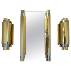 Brass and Chrome Wall Mirror and Scones by Curtis Jere