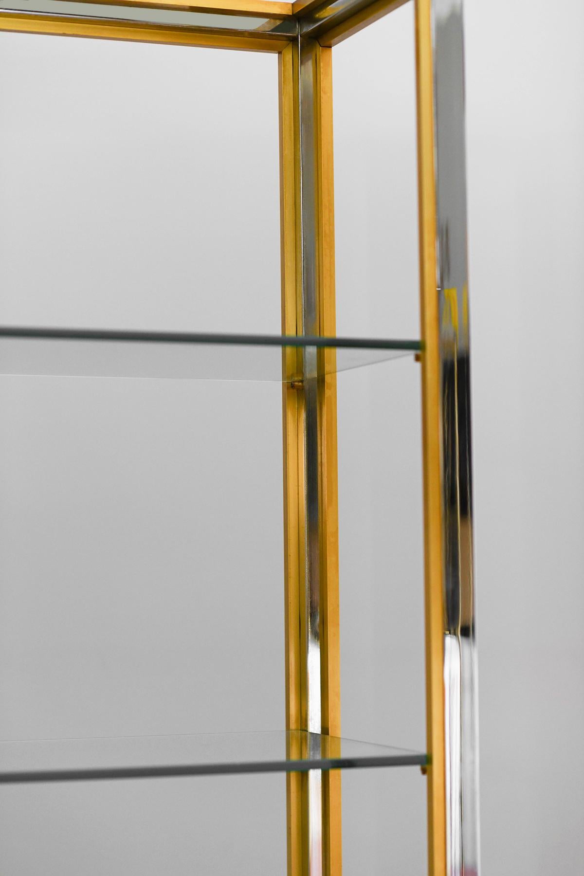 Late 20th Century Brass and chromed metal bookcases with glass shelves, Italy 1980 For Sale