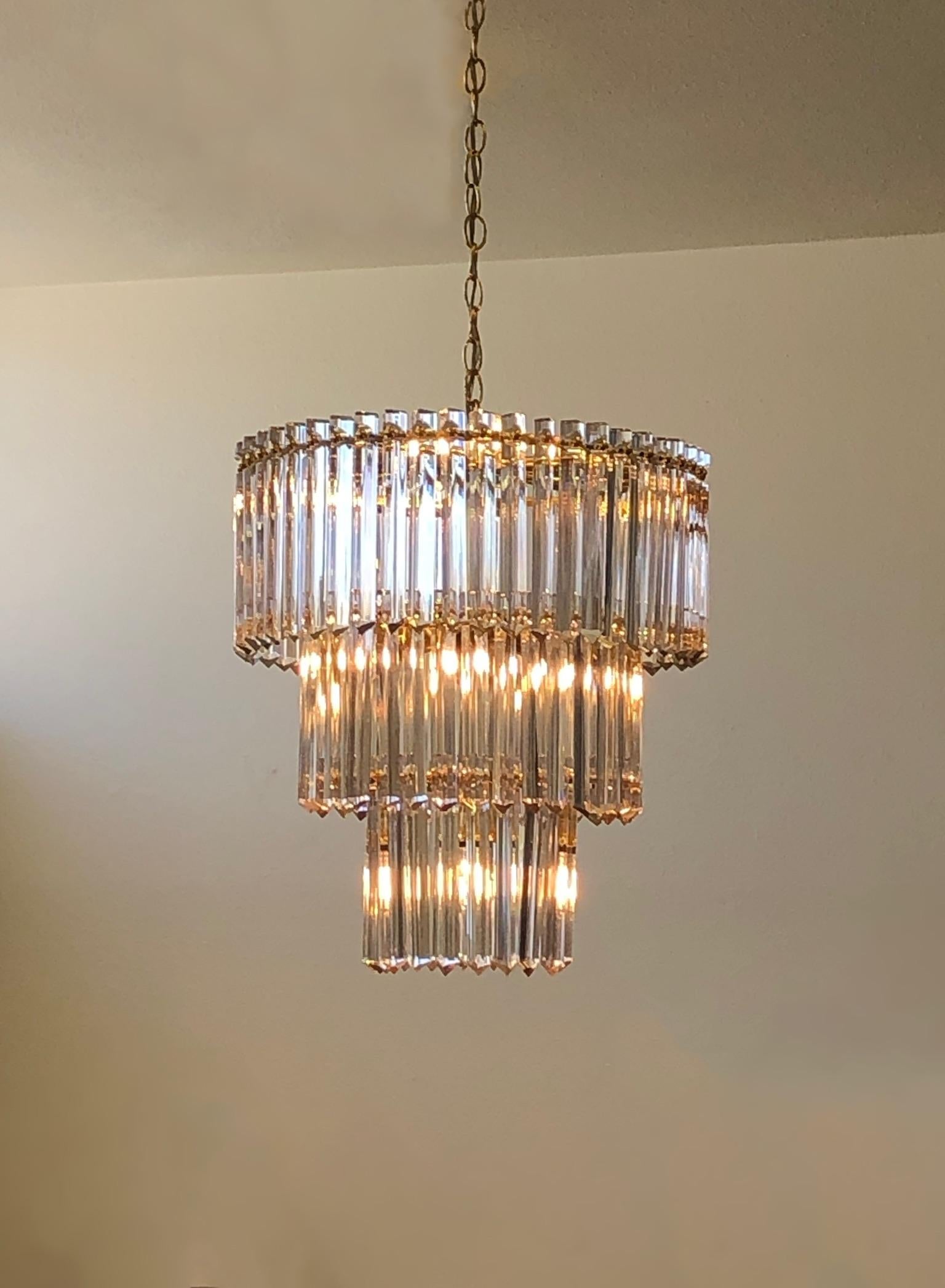 Modern Brass and Clear Crystal French Chandelier