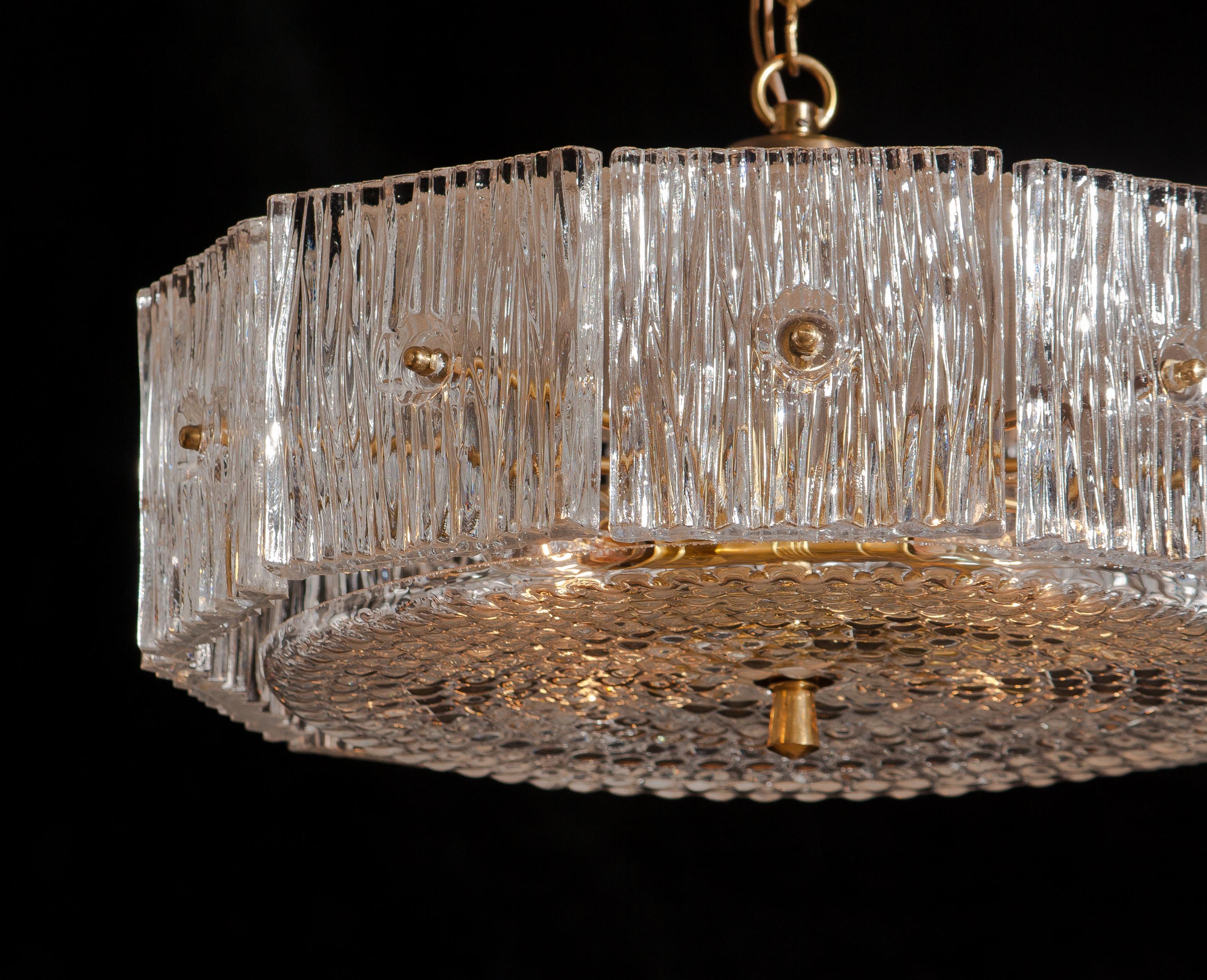 Mid-20th Century Brass and Clear Crystal Pendant Designed by Carl Fagerlund for Orrefors